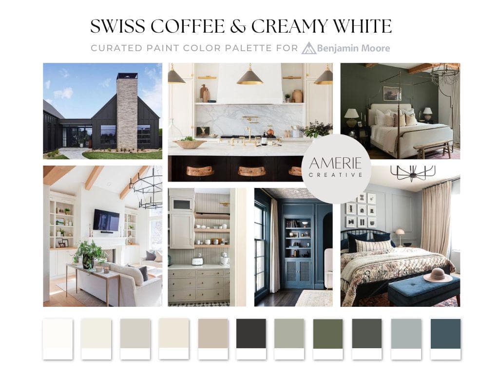 Swiss Coffee Benjamin Moore Color Palette Creamy White house color scheme Whole house paint color palette earthy neutral paint color 2025 warm neutral paint colors 2025 whole home paint color scheme interior paint colors swiss coffee coordinating color swiss coffee complimentary colors seapearl china white gray mist stone hearth revere pewter dragon's breath black beauty oil cloth vintage vogue boothbay gray providence blue newburg green