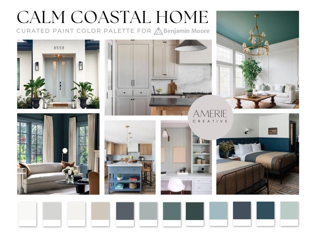 CALM Coastal home PAINT COLOR PALETTE Benjamin moore paint color palette modern coastal house paint color scheme coastal color scheme coastal paint color palette Beach house paint color coastal house paint colors interior warm neutral paint colors blue green teal paint colors  glacier white dove seapearl china white classic gray owl natural cream boothbay gray blue quiet moments aegean teal waters edge hale navy exterior revere pewter