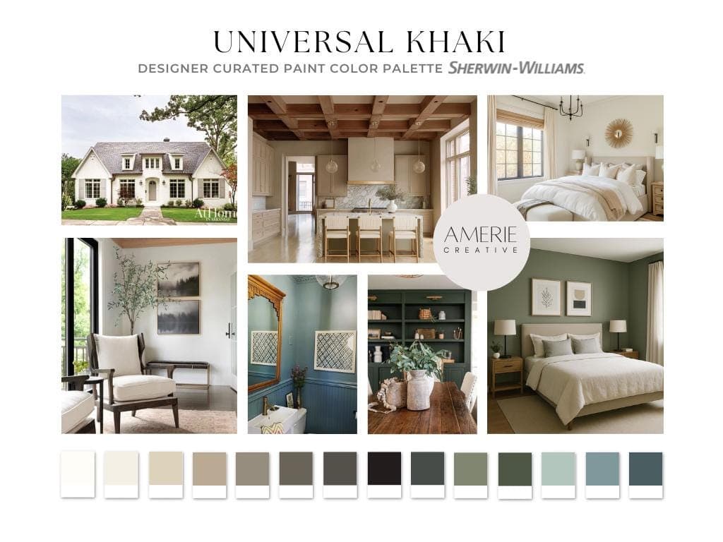 Universal Khaki Sherwin Willaims Paint Color Palette Color of the year 2026 Universal Khaki color palette 2026 paint colors sherwin williams paint colors 2026 warm neutral paint colors whole home paint color palette whole house paint color palette Universal Khaki Complimentary Colors
Alabaster Shoji White Wool Skein Creamy White Studio Clay Poirpose Tricorn Black Enduring Bronze Rock Bottom Dried Thyme Forestwood  quietude moody blue still water teal blue dark green blue green paint colors