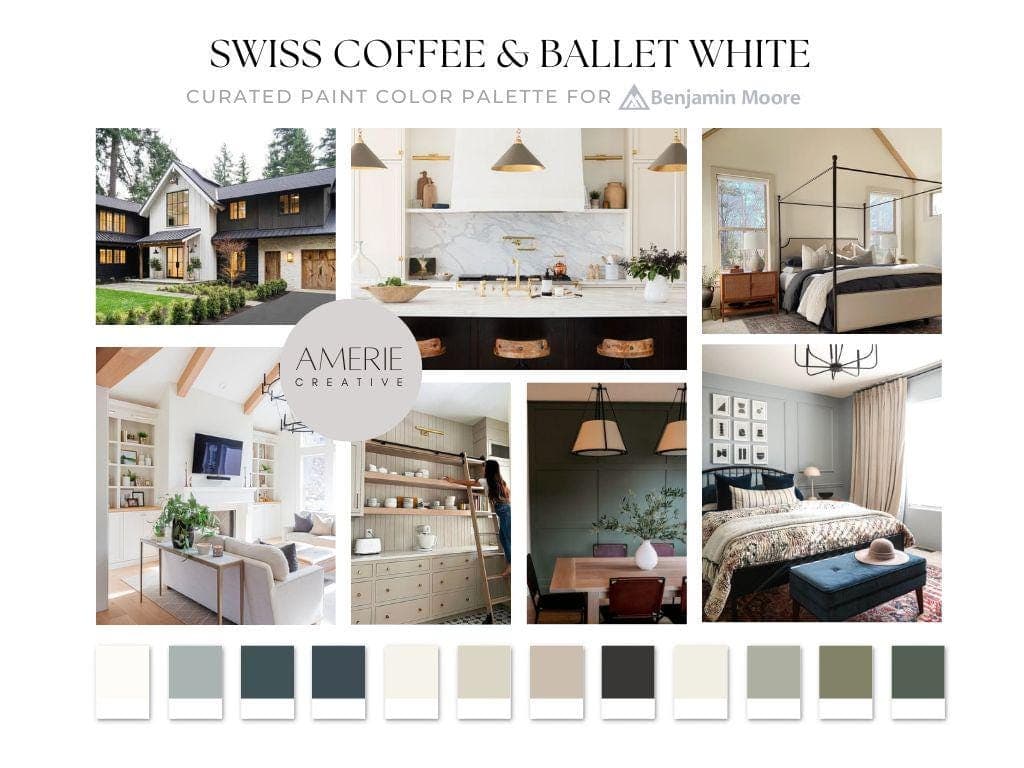 Swiss Coffee Benjamin Moore Swiss Coffee Coordinating colors Ballet White complimentary colors Ballet White Benjamin Moore Paint Color Palette whole house paint color home colors interior neutral paint color warm neutral paint off-white cream warm grey greige navy dark teal black beauty Paris rain tate olive vintage vogue dark olive green natural cream stone hearth quiet moments providence blue narragansett green new providence navy