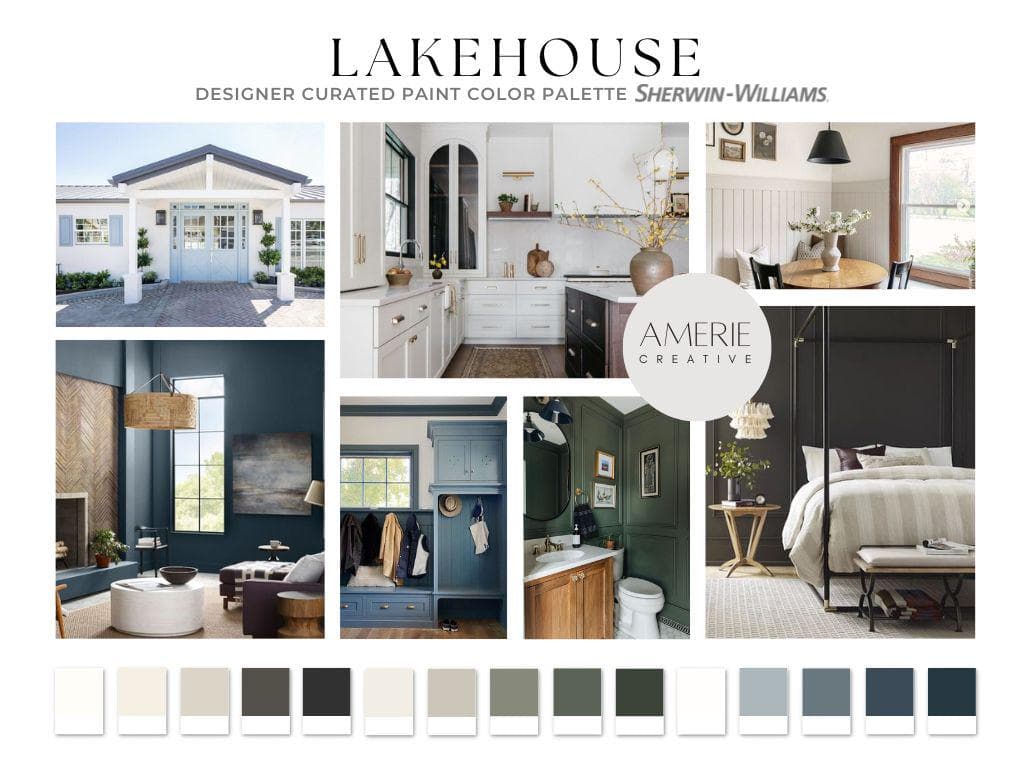 Lakehouse Color Palette Sherwin Williams Paint color palette Cabin lake house paint color scheme lakehouse paint color scheme coastal paint color modern cabin paint color navy blue paint color olive green forest home paint color whole house paint color palette pure white alabaster white duck accessible beige stardew gale dark night urbane bronze rosemary ripe olive mountain road