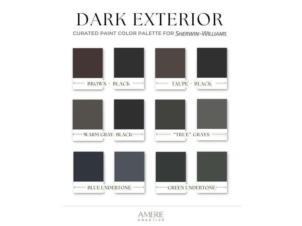 Dark Exterior Sherwin Williams Paint Color Palette Black exterior color scheme black brown blue green off-black exterior paint colors