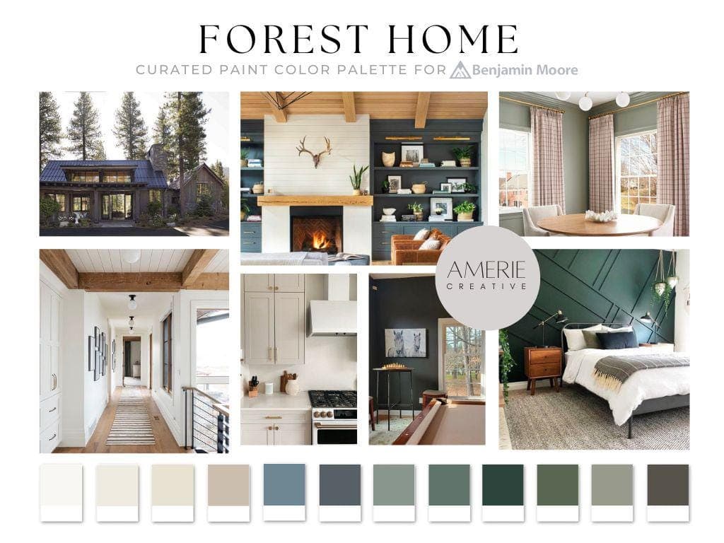 Forest House Paint Color Palette Benjamin Moore paint palette forest home paint colors modern mountain paint colors modern neutral paint colors forest home color scheme modern organic paint colors earthy neutral paint colors dark exterior accent paint colors warm neutral paint colors warm white dove natural cream stone hearth flint rushing river caldwell green essex green stormcloud gray blue grey green normandy dragon's breath dragons breath black brown