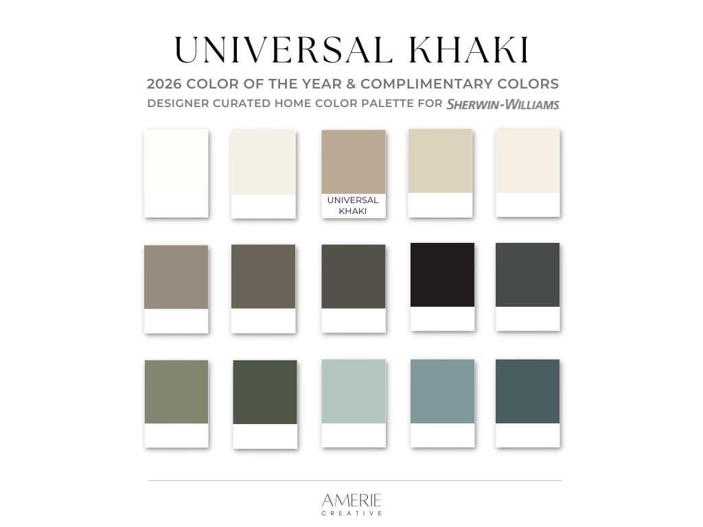 Universal Khaki Sherwin Willaims Paint Color Palette Color of the year 2026 Universal Khaki color palette 2026 paint colors sherwin williams paint colors 2026 warm neutral paint colors whole home paint color palette whole house paint color palette Universal Khaki Complimentary Colors
Alabaster Shoji White Wool Skein Creamy White Studio Clay Poirpose Tricorn Black Enduring Bronze Rock Bottom Dried Thyme Forestwood  quietude moody blue still water teal blue dark green blue green paint colors