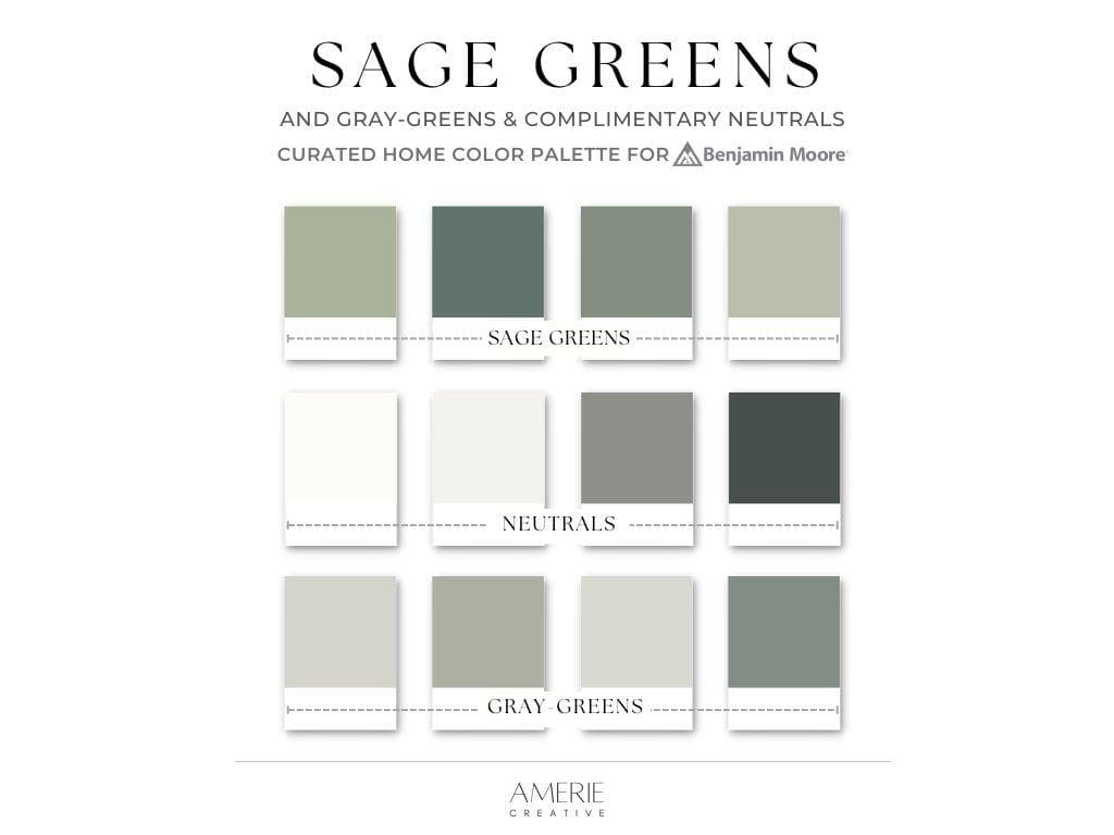 Sage Green Benjamin Moore paint palette | Whole house paint color scheme earthy neutral paint colors dark green grey green gray green paint