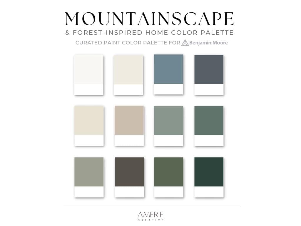 Mountain House Paint Color Palette Benjamin Moore paint scheme modern earthy neutral paint colors forest green greige taupe black exterior