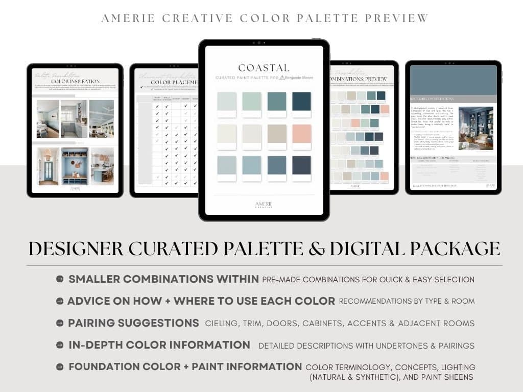 Coastal home beach house Paint Color Palette Benjamin Moore 
Paint palette nuetral interior navy door cabinet dark blue green teal turquoise quiet moments smokey green palladian blue aegean teal newburg green conch shell smoke hale navy