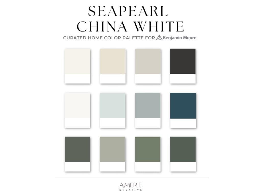China White Benjamin Moore paint palette Seapearl Whole home paint color scheme calm blue grey green paint cozy neutral paint colors