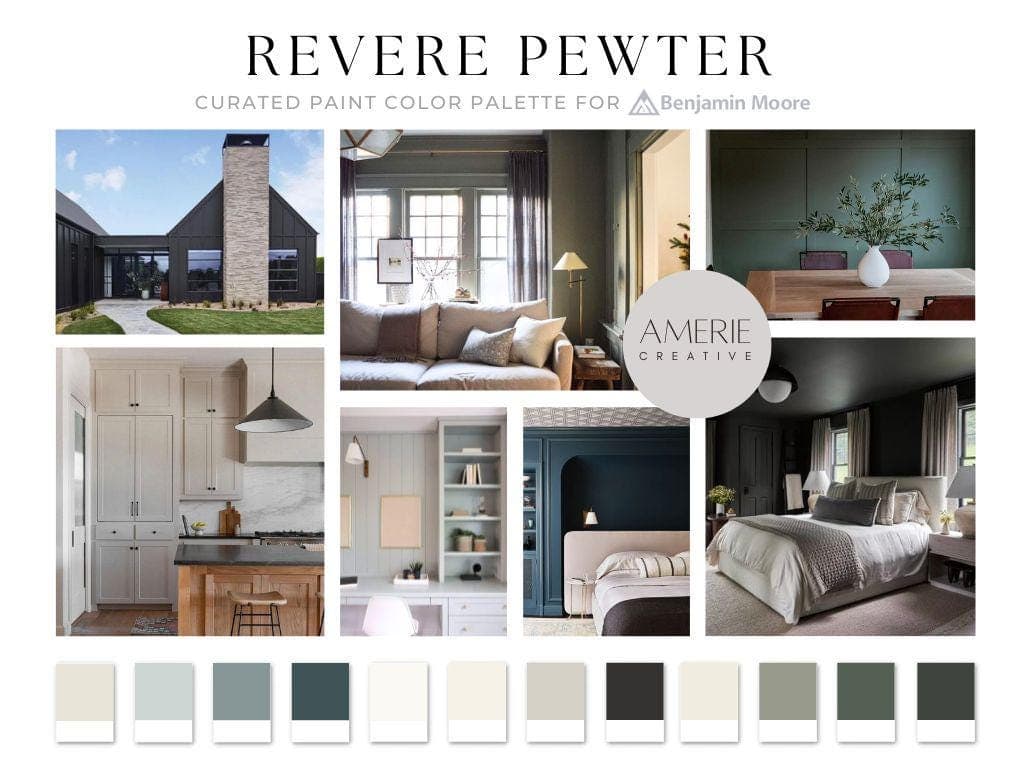 Revere Pewter Benjamin Moore paint color palette benjamin moore revere revere pewter coordinating color revere pewter complimentary color revere pewter benjamin moore paint color palette whole house paint color palette whole home paint color scheme warm neutral paint colors warm grey gray greige warm white off-white blue green navy quiet moments brewster  narraganset seapearl china white dove ballet black beauty vintage vogue ashwood moss storm cloud gray green grey blue paint colors 2025