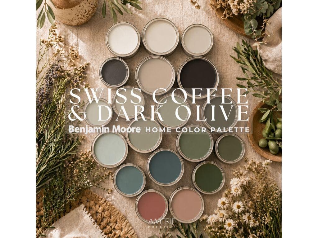 Swiss Coffee Benjamin Moore Dark Olive Green | Whole house paint color palette Olive Green Teal Terracotta paint Earthy neutral paint colors