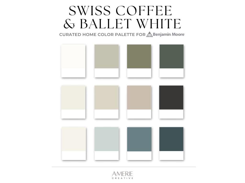 Swiss Coffee Benjamin Moore Paint Palette Ballet White | Whole home paint color palette cream greige olive green warm neutral paint colors