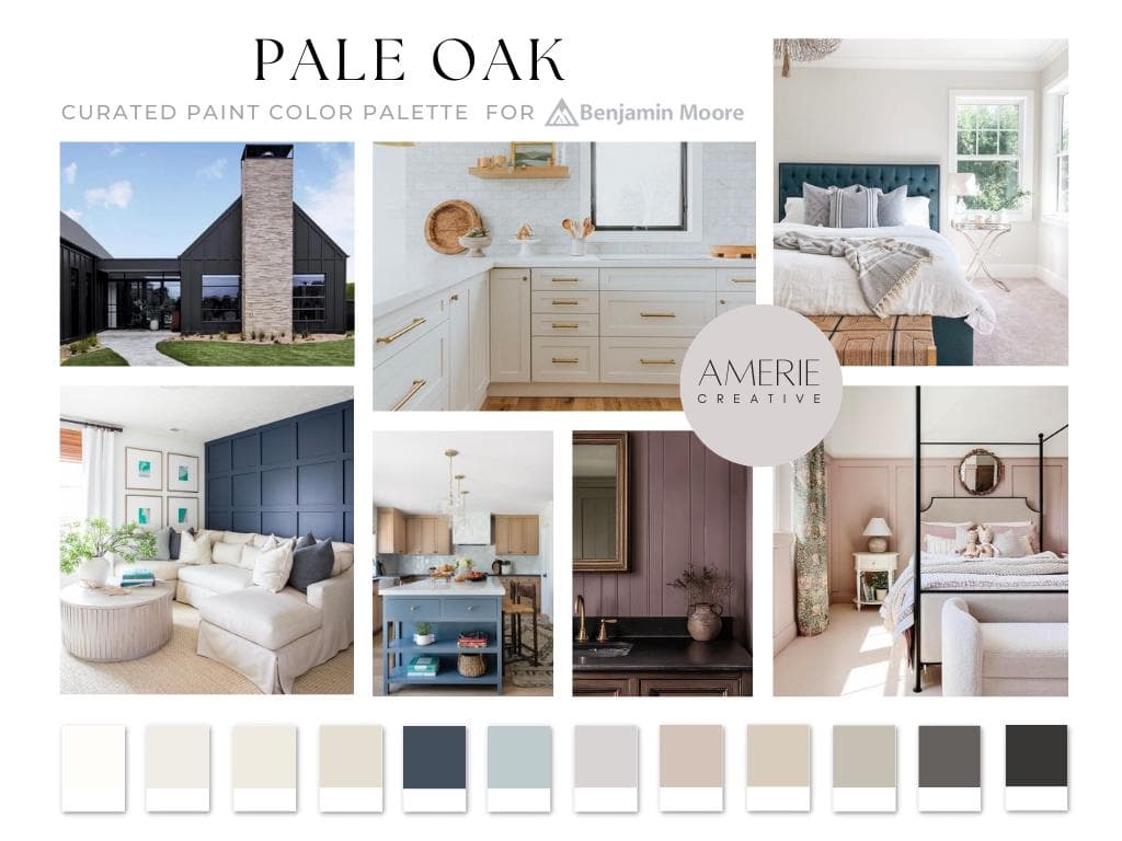 Pale Oak Palette Benjamin Moore Paint Color Palette house colour scheme warm neutral paint colors 2025 cinnamon slate coordinating hale navy cloud white dove wing classic gray smokey taupe thunder iron mountain black beauty britannia blue meadow pink