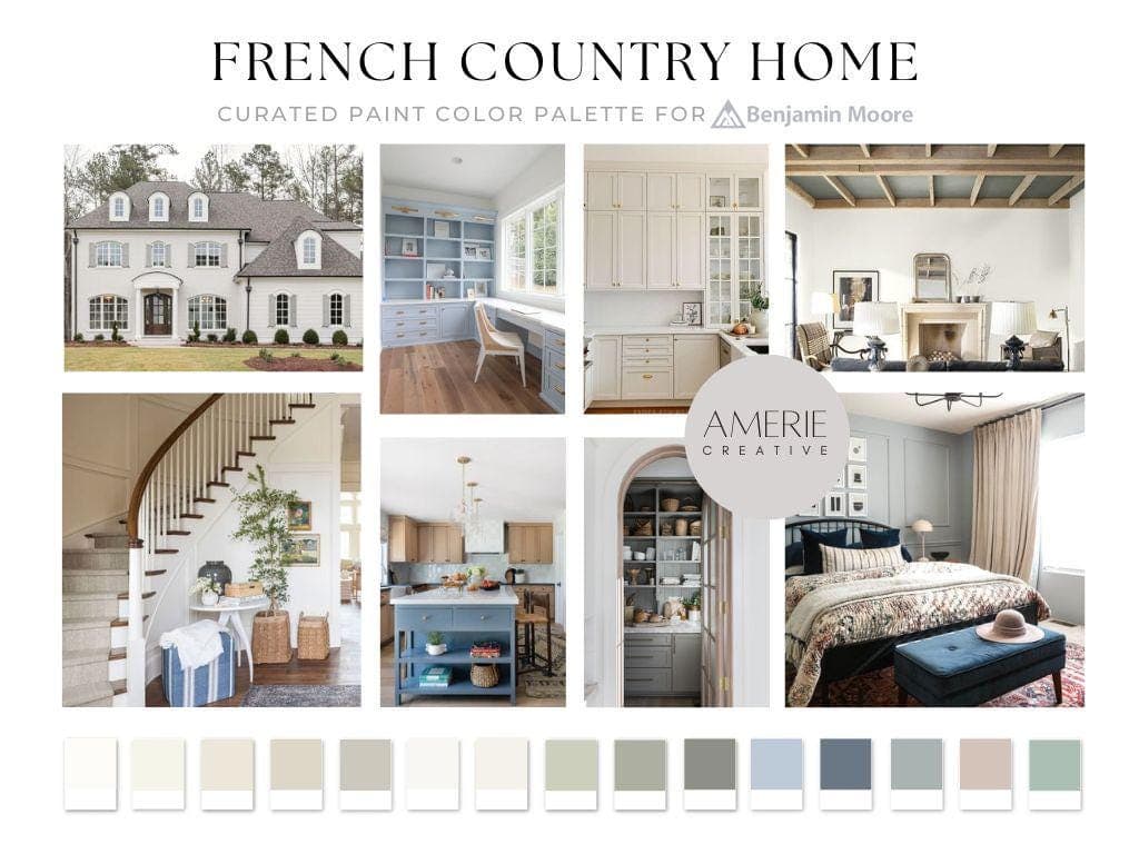 French Country Color Palette Benjamin Moore paint palette house colour scheme classic french paint colors french coastal country farmhouse french farmhouse paint color whole home paint color whole house paint color warm neutral paint color warm white paint color cream paint color dusty powder light blue heather natural cream dove wing creamy white dove vale mist green gray boothbay Brittania blue