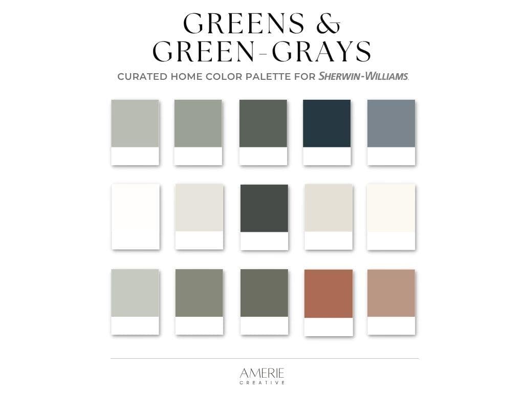Green Sherwin Williams paint palette Whole house paint color scheme earthy neutral home grey green paint colors dark pewter evergreen fog