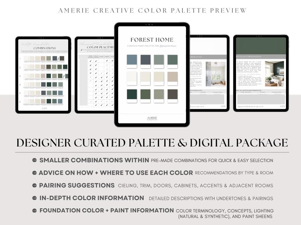 Forest home Paint Color Palette Benjamin Moore Cabin Mountain house modern organic earthy neutral dark exterior door cabinet white dove natural cream stone hearth flint rushing river caldwell green stormcloud gray classic dragon's breath
essex green