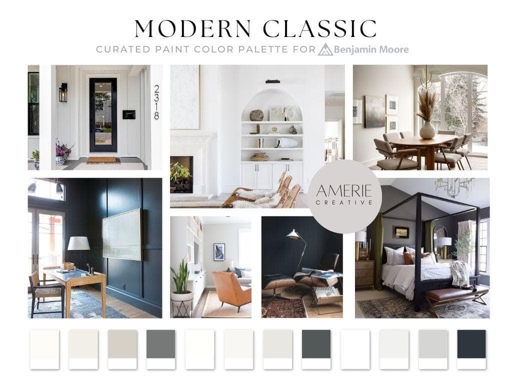 Modern Classic paint color palette Classic Modern Neutral Benjamin Moore Paint Color Palette Whole house paint color scheme home paint colors neutral interior paint colors Classic Modern neutral paint colors 2026 
swiss coffee seapearl china white dove classic gray beige revere pewter kendall charcoal nightfall cloud cover gray owl chatilly lace soot black exterior off-black paint colors exterior black paint colors