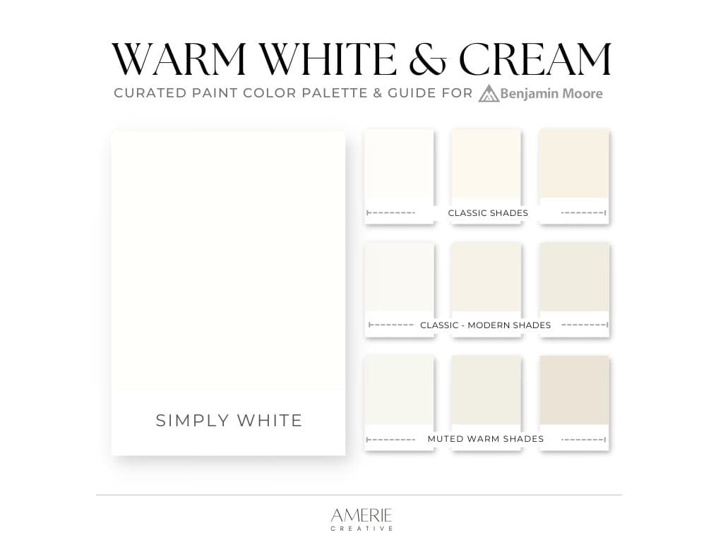Warm White & Cream Paint Color Palette Benjamin Moore Paint Palette | Simply white house paint colors interior warm off-white paint colors
