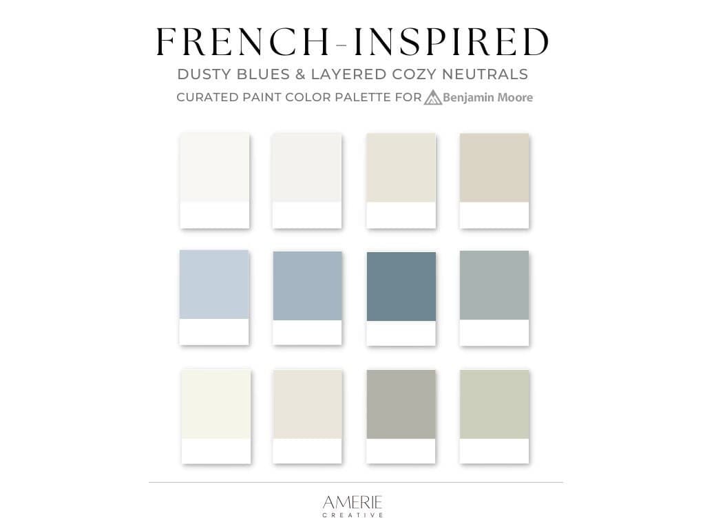 French Home Color Palette Benjamin Moore paint color palette French country house paint color scheme warm neutral white cream blue gray