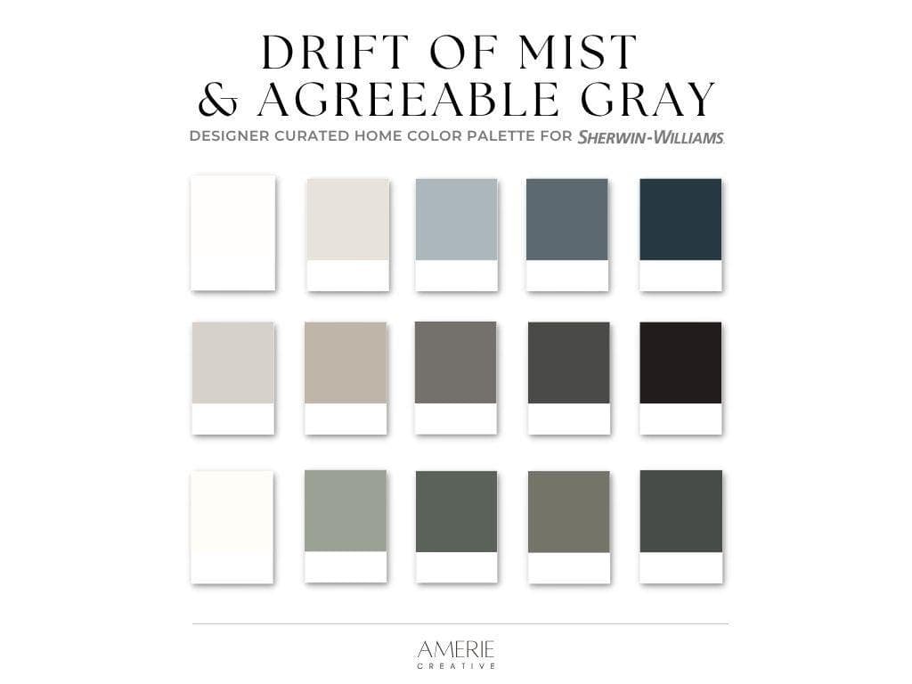 Agreeable Gray Drift of Mist Sherwin Williams Paint Color Palette | Whole house paint color scheme Coastal calm neutral paint colors