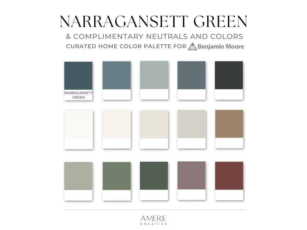 Narragansett Green Benjamin Moore Color Palette 2026 color of the year narragansett green 2026 paint colors navy paint colors whole house paint color scheme warm neutral paint colors complimentary narragansett green coordinating paint colors whole home paint color scheme 
seapearl china white dove revere pewter coriander seed blacktop flint boothbay gray providence blue narragansett green oil cloth rosepine dakota shadow garrison red fading twilight cinnamon slate color of the year 2025