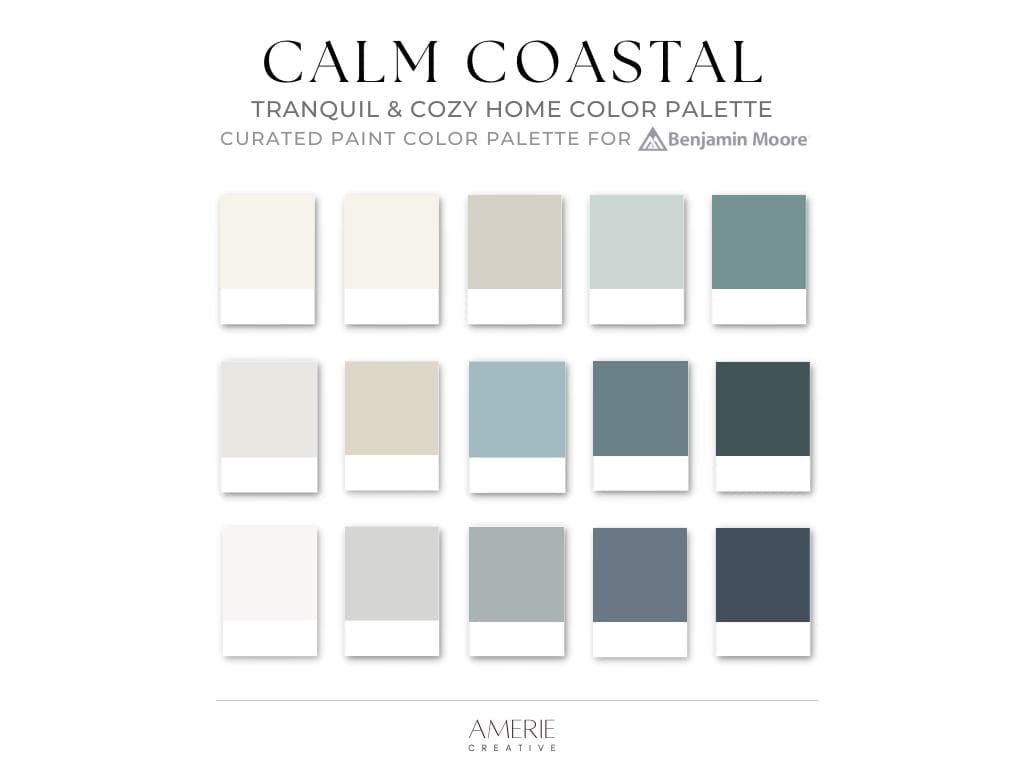 CALM Coastal home PAINT COLOR PALETTE Benjamin moore paint color palette modern coastal house paint color scheme coastal color scheme coastal paint color palette Beach house paint color coastal house paint colors interior warm neutral paint colors blue green teal paint colors  glacier white dove seapearl china white classic gray owl natural cream boothbay gray blue quiet moments aegean teal waters edge hale navy exterior revere pewter