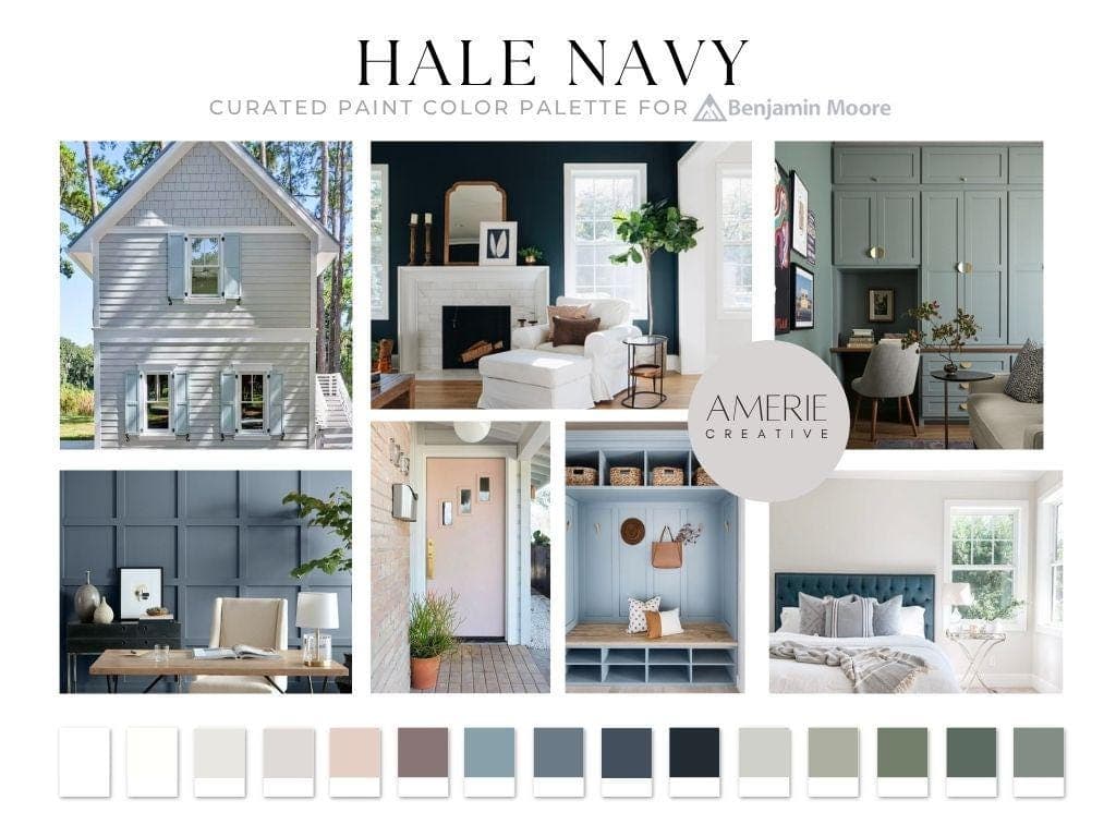 Hale Navy Color Scheme Benjamin Moore Paint Color Palette Hale Navy Benjamin Moore Hale Navy hc-154 navy dark blue grey green sage exterior coastal home paint colors coastal house paint color scheme calm warm neutral paint colors lake house paint modern coastal color palette 
Simply white classic gray pale oak chantilly lace stonington gray van courtland blue britannia blue black soot oil cloth rosepine caldwell green intrigue odessa pink cinnamon slate paint color palette