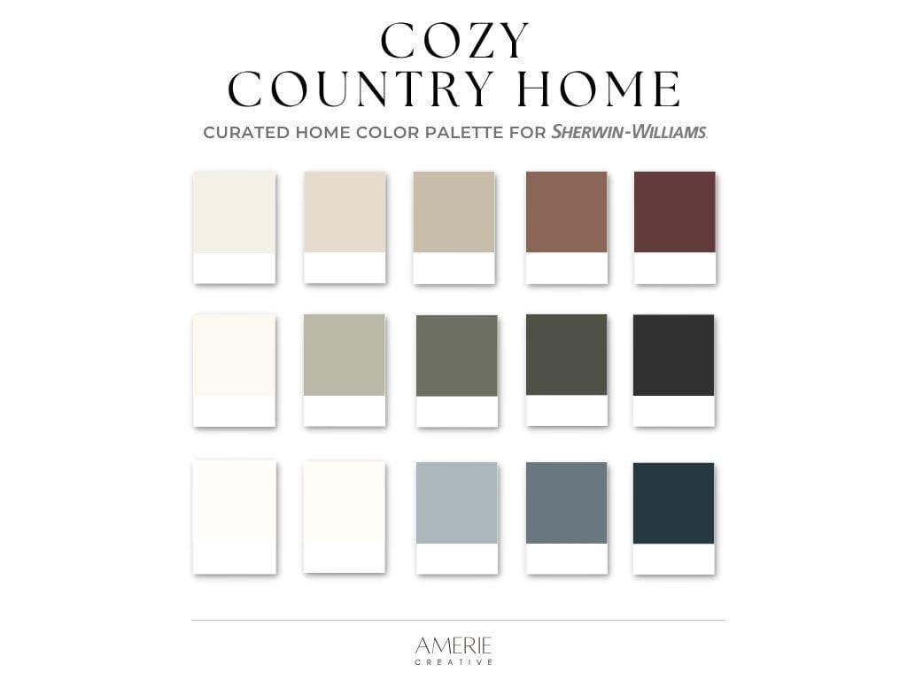 Cozy Country House Paint Color Palette Sherwin Williams Whole home paint color scheme dark green gray blue warm neutral paint colors 2026