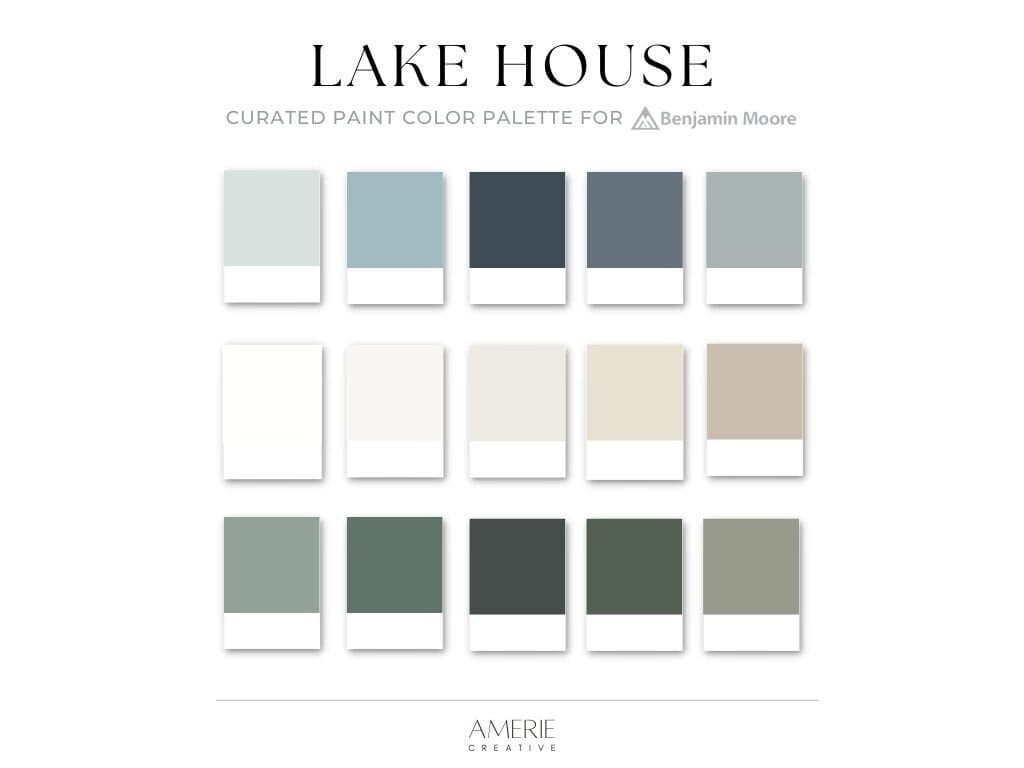 LakeHouse Paint Color Palette Benjamin Moore Lake House paint color scheme modern neutral paint color dark forest green gray blue grey navy