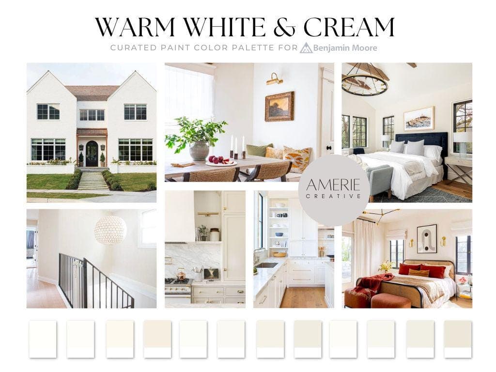 Warm White paint color palette white house paint color exterior white Benjamin Moore white off-white classic modern neutral paint colors warm white paint color interior exterior white paint colors simply white dove oc-17 cloud white, swiss coffee oc-45, oxford white heron chantily lace steam super decorators white opulance
