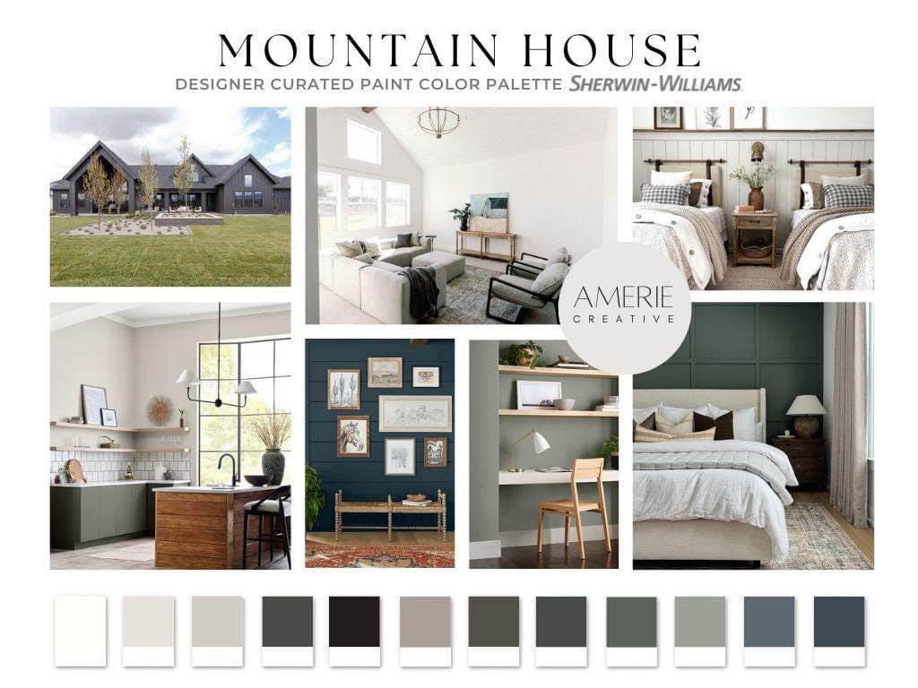 Modern Mountain House Paint Color Palette Sherwin williams paint palette whole house paint color scheme black exterior paint colors accent door cabinet earth tone paint colors modern earthy neutral paint colors 2025 
Pure white alabaster drift of mist agreeable gray iron ore tricorn black fawn brindle urbane bronze mountain road shade grown rock bottom pewter green evergreen fog grays harbor mount etna navy blue gray green grey dark green paint colors dark olive green