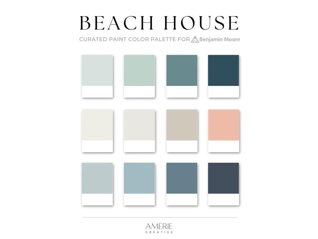 Beach House Paint Color Palette Benjamin Moore paint palette lakehouse color scheme Cabin coastal home interior neutral blue green teal navy