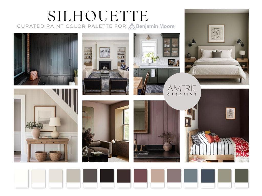 Silhouette Benjmamin Moore Paint Color Palette Color of the year 2026 silhouette 2026 paint colors benjamin moore neutral paint colors 2026 
silhouette simply white dove wing pale oak onyx black smokey taupe inukshuk wenge new london burgundy wispering woods cinnamon slate brittannia blue hale navy creekside green forest floor dark green dark olive green paint colors 2026 benjamin moore silhouette