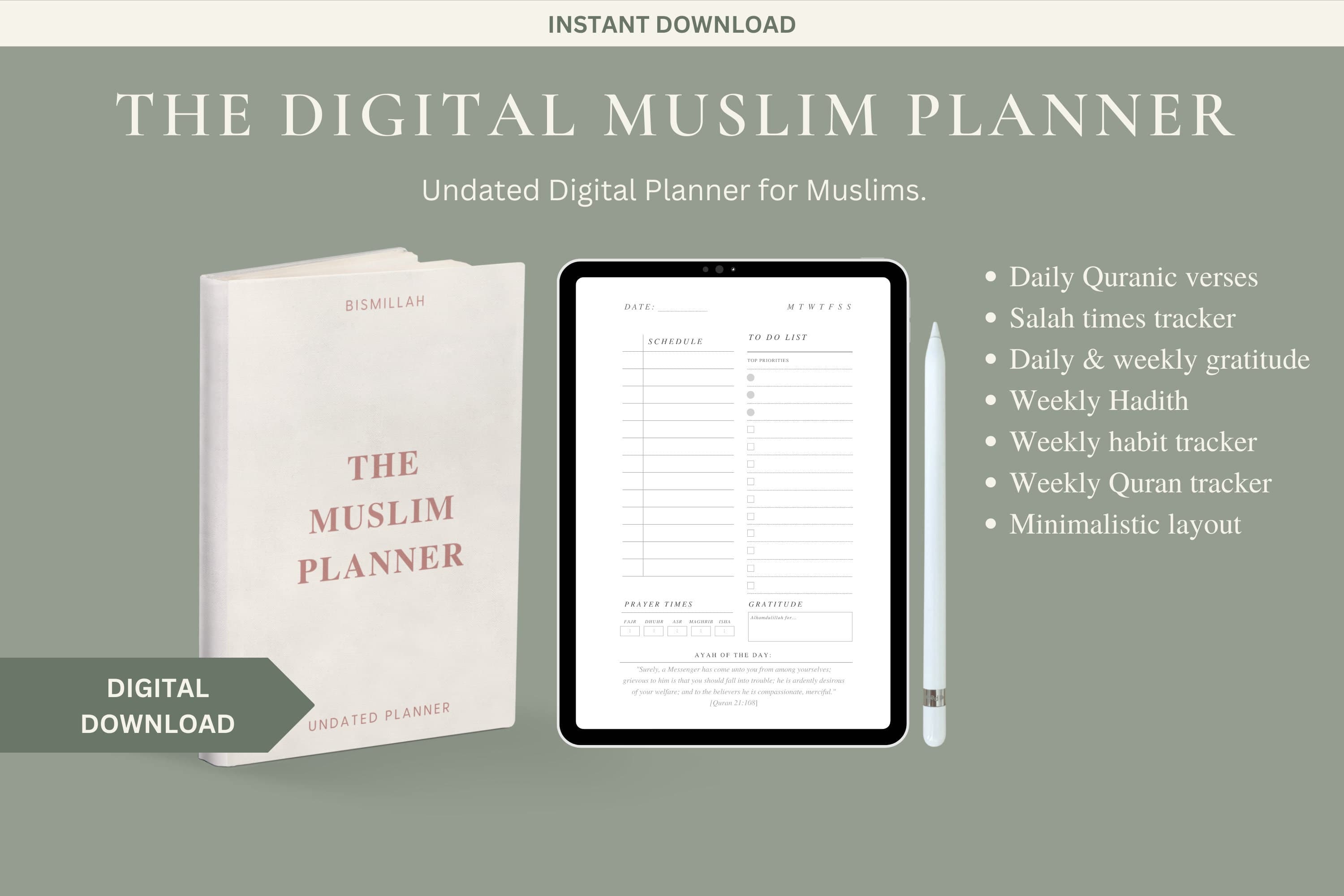 The Muslim Planner | Digital daily islamic planner, islamic journal, islamic agenda, undated, salah tracker, quran tracker, ramadan journal