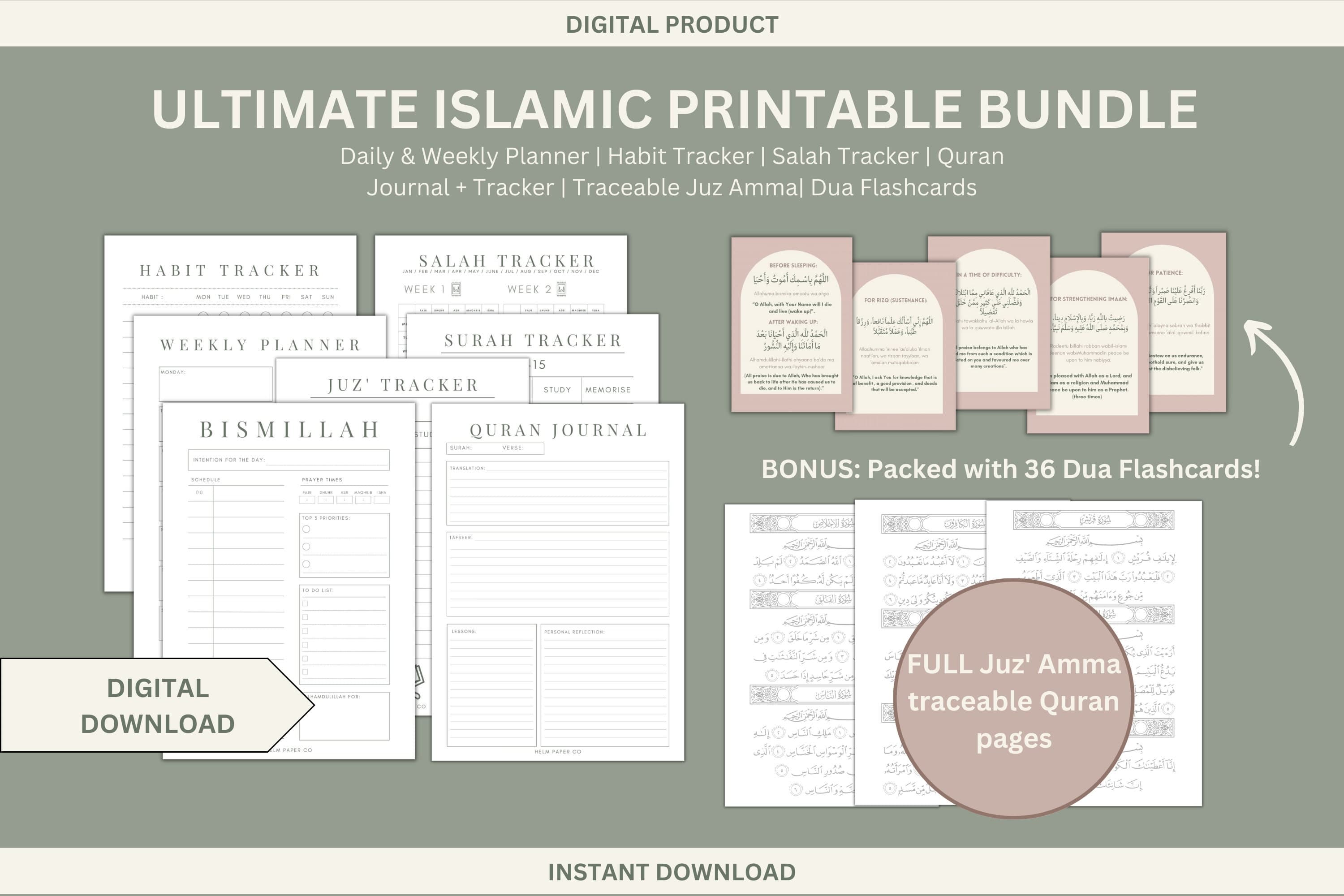 Islamic Printable Bundle // Digital Islamic Planner, muslim planner, salah tracker, quran tracker, quran journal, traceable quran, printable