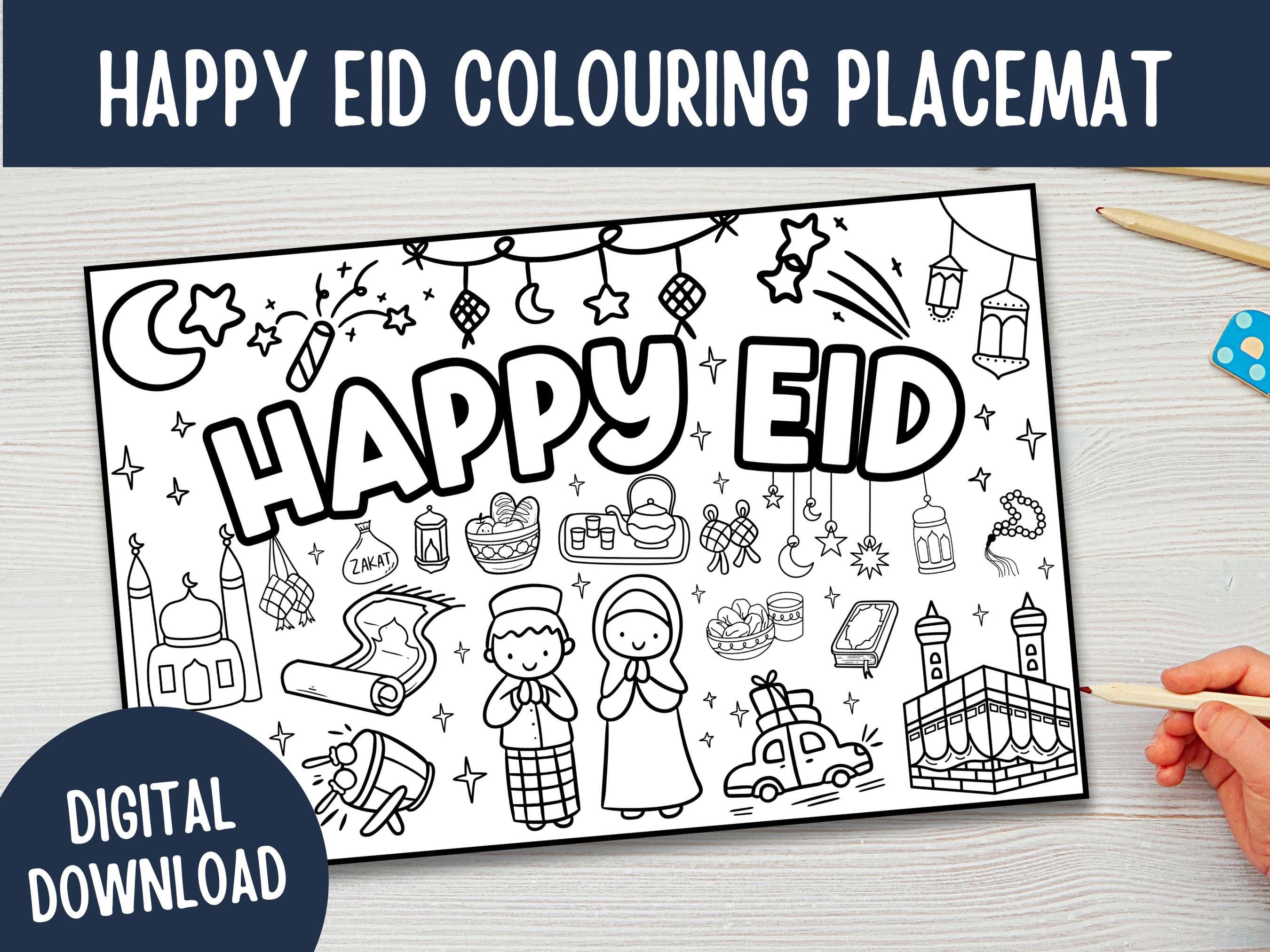 Eid Mubarak Colouring Placemat, Kids Activity (Digital Download)