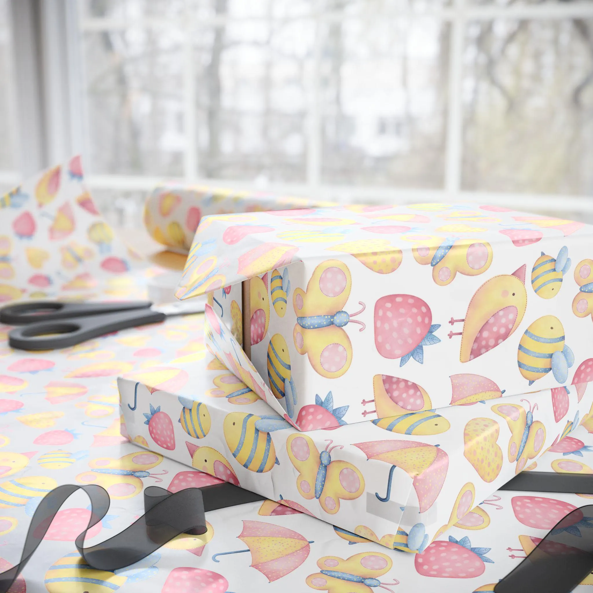 Baby Shower Wrapping Paper Roll, Butterfly, Bee, Strawberry Design - image 3