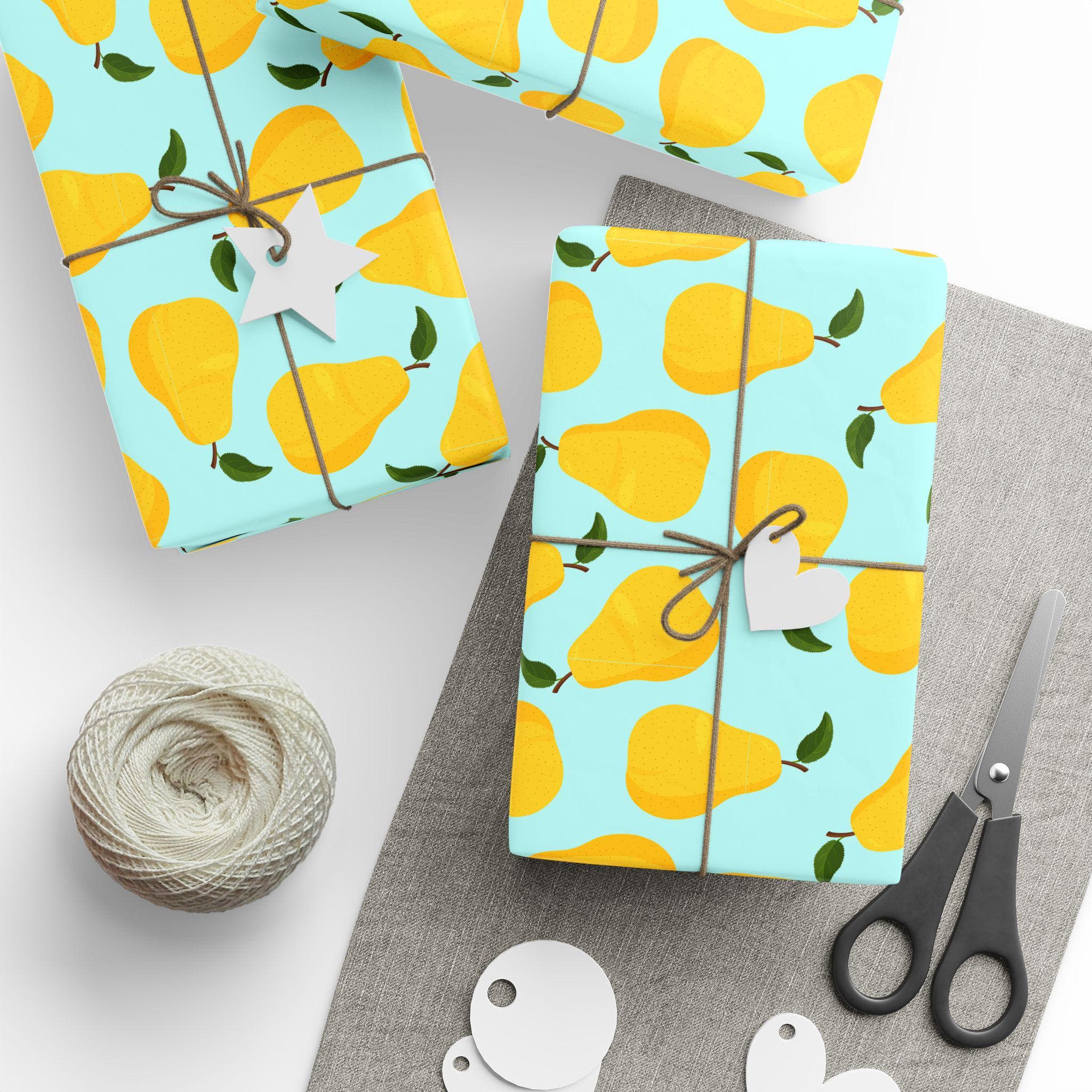 Yellow Pear Pattern Wrapping Paper | Aqua Fruit Gift Wrap, Hand-Drawn Design