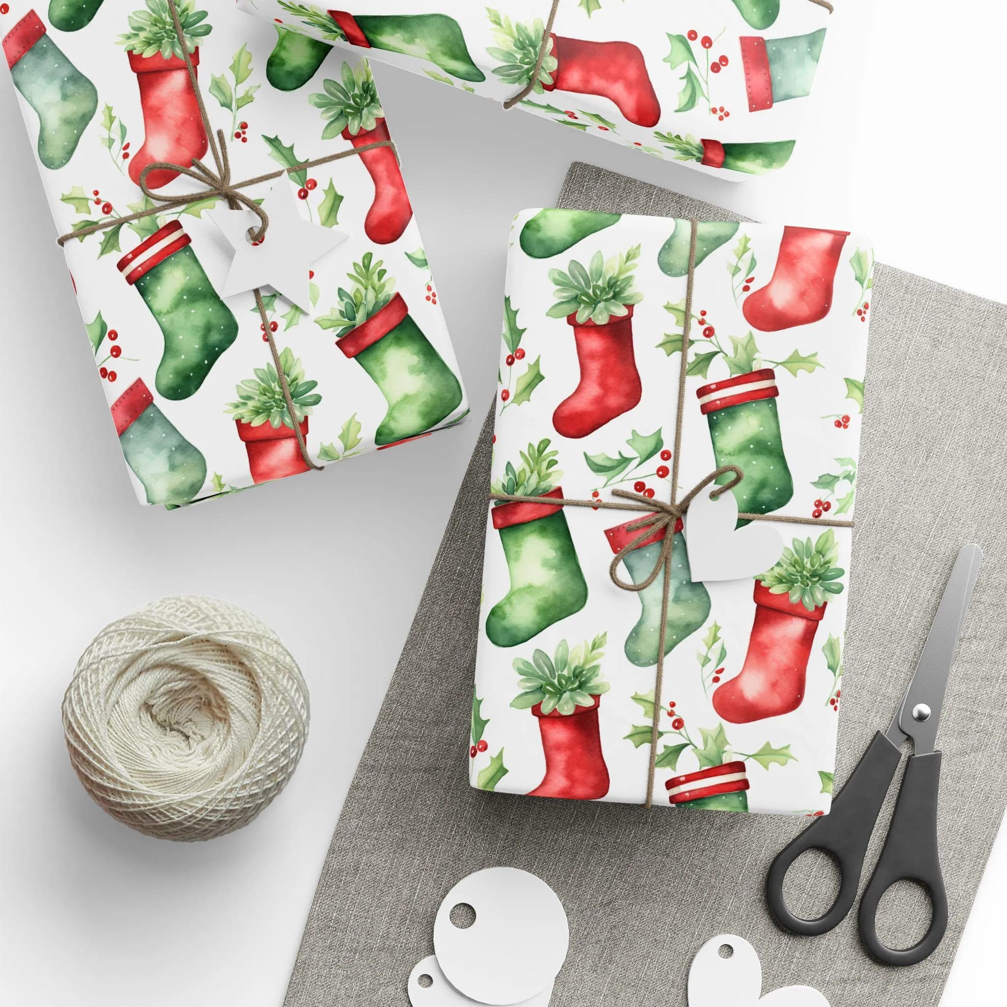 Red and Green Christmas Stockings Gift Wrap, Holiday Wrapping Paper - image 3