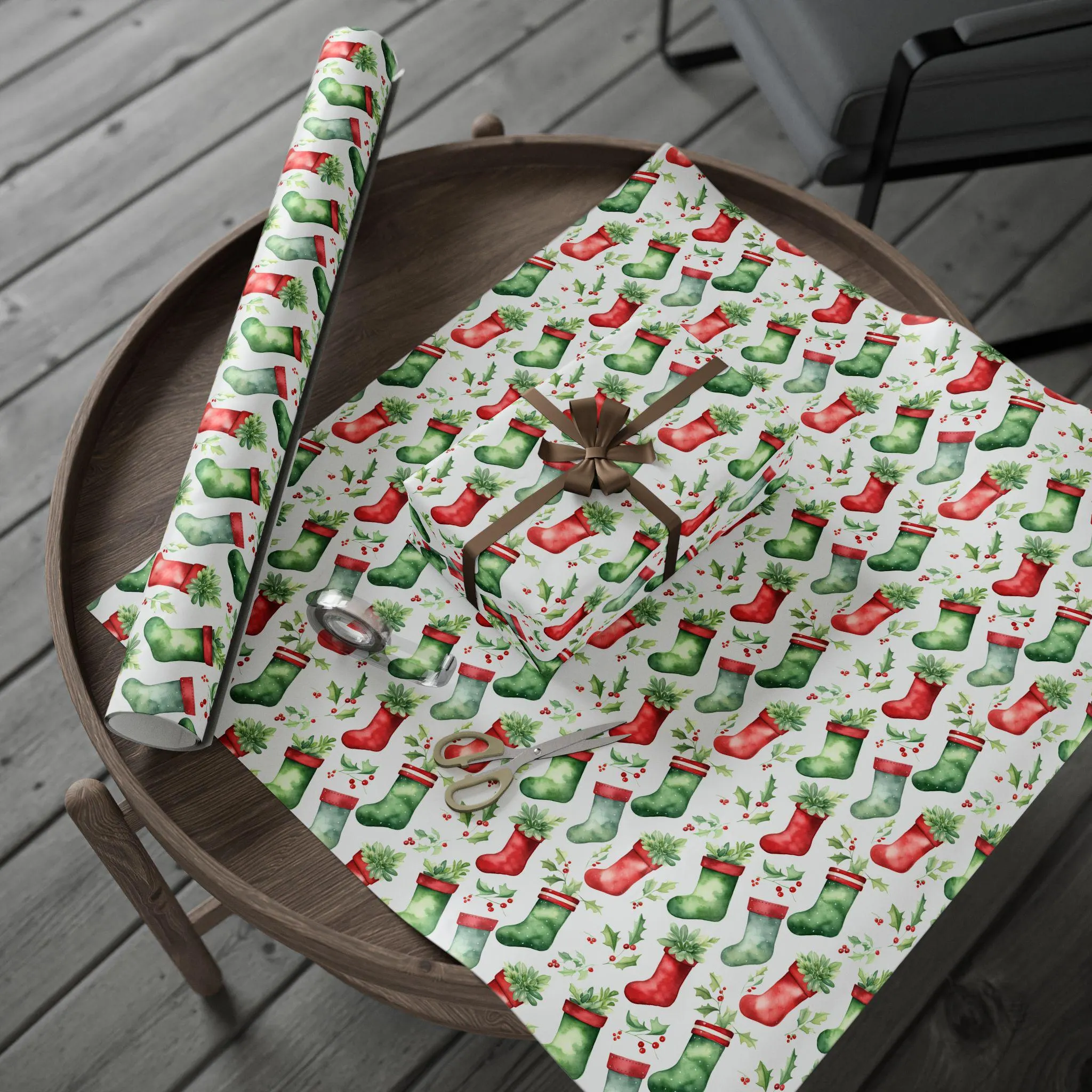 Red and Green Christmas Stockings Gift Wrap, Holiday Wrapping Paper - image 5