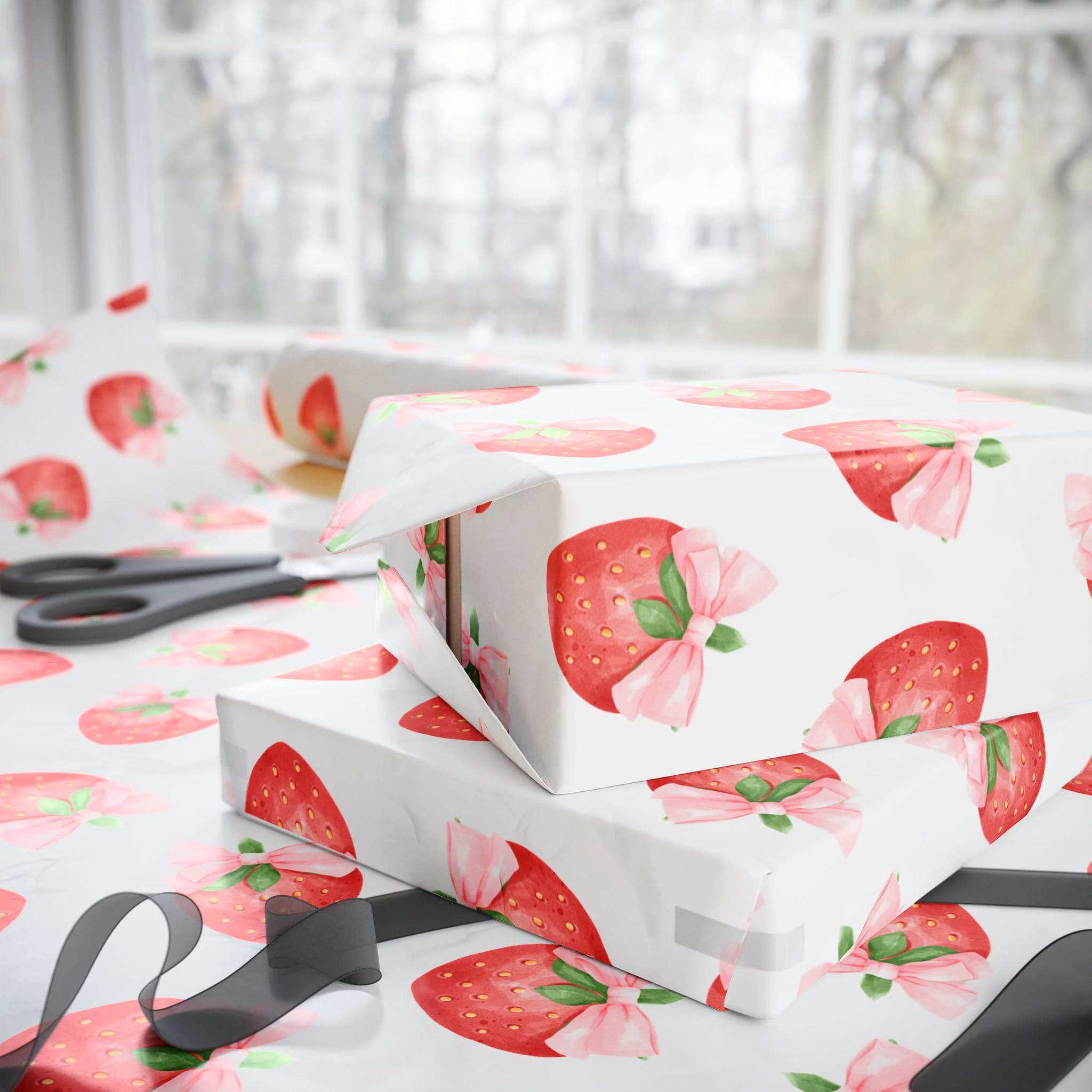 Pink Strawberry Gift Wrap: Coquette Bow Wrapping Paper - image 3