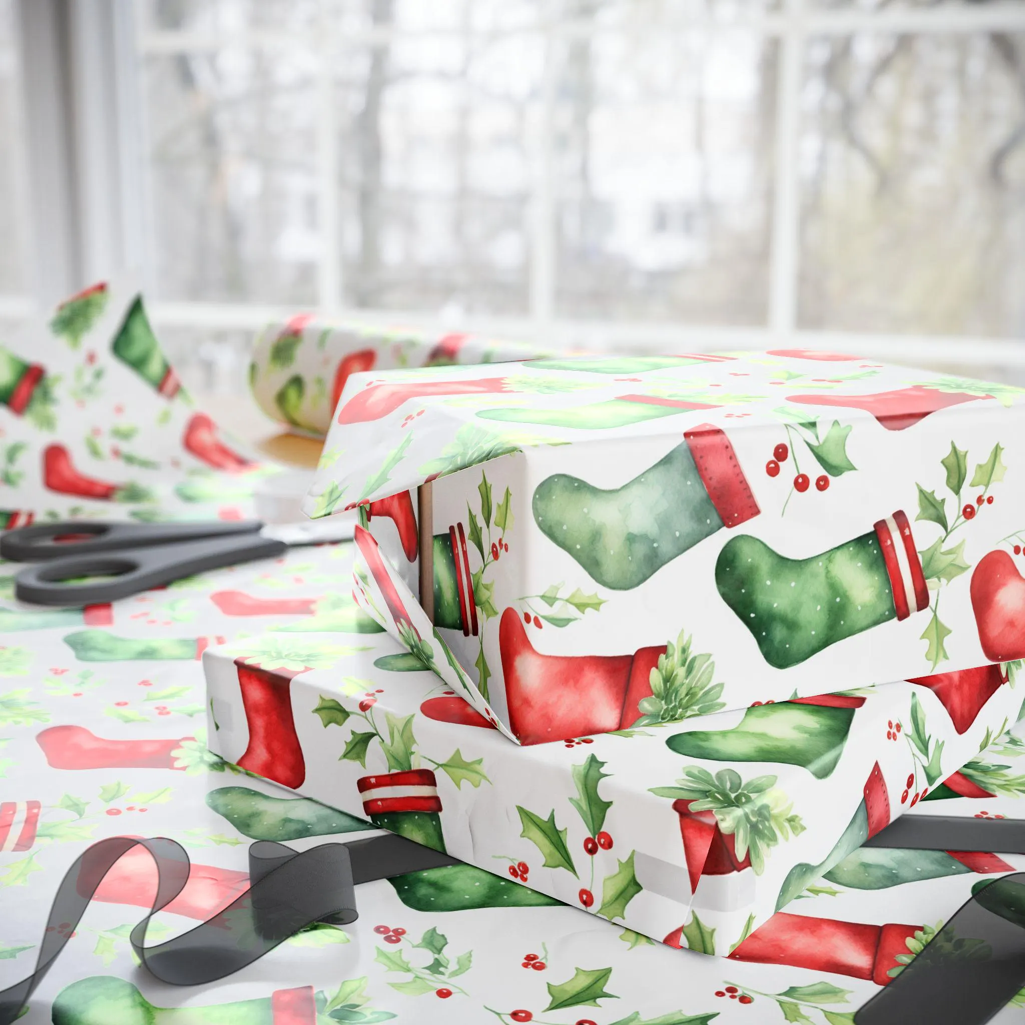 Red and Green Christmas Stockings Gift Wrap, Holiday Wrapping Paper - image 4