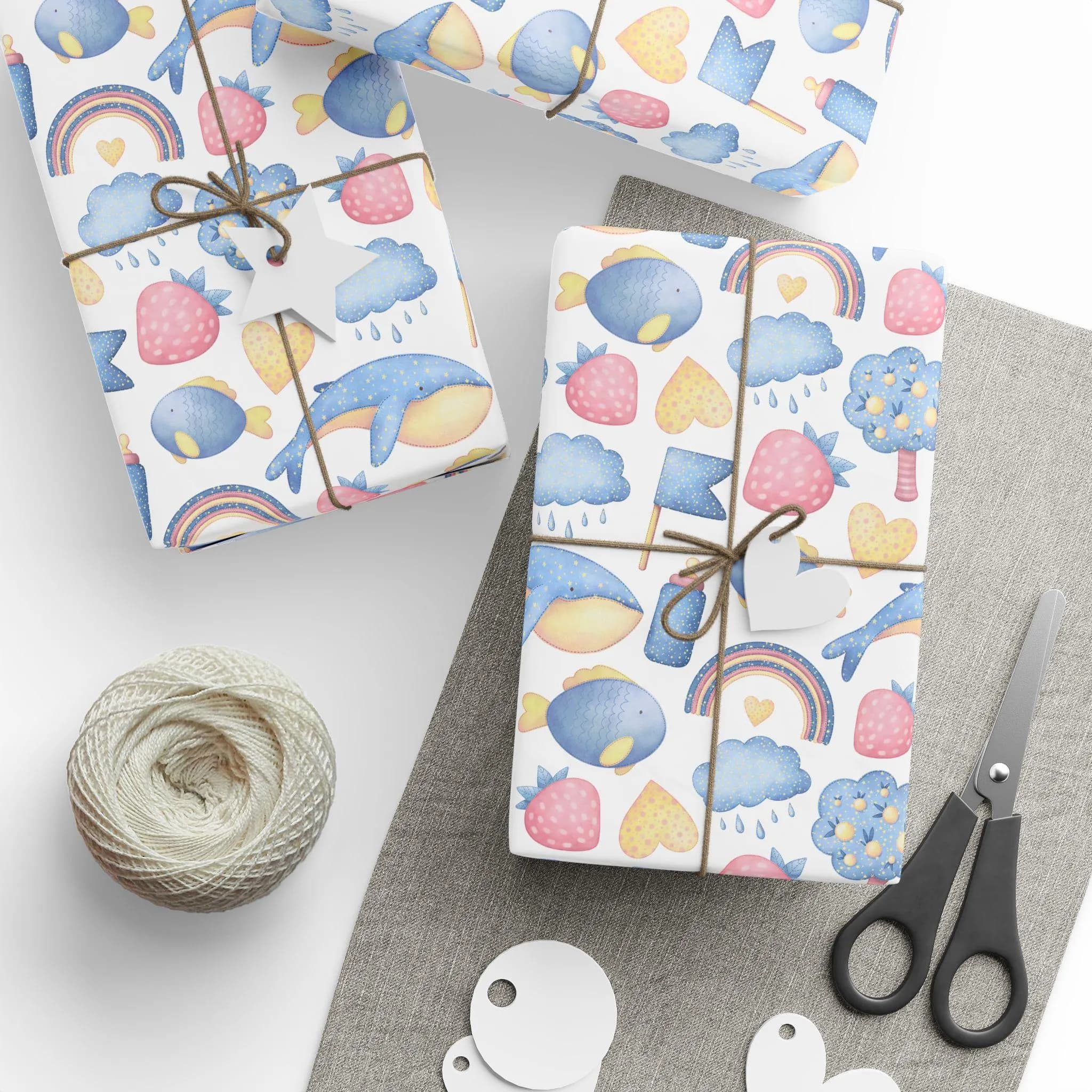 Baby Shower Gift Wrap, Watercolor Whales, Strawberries, Rainbows