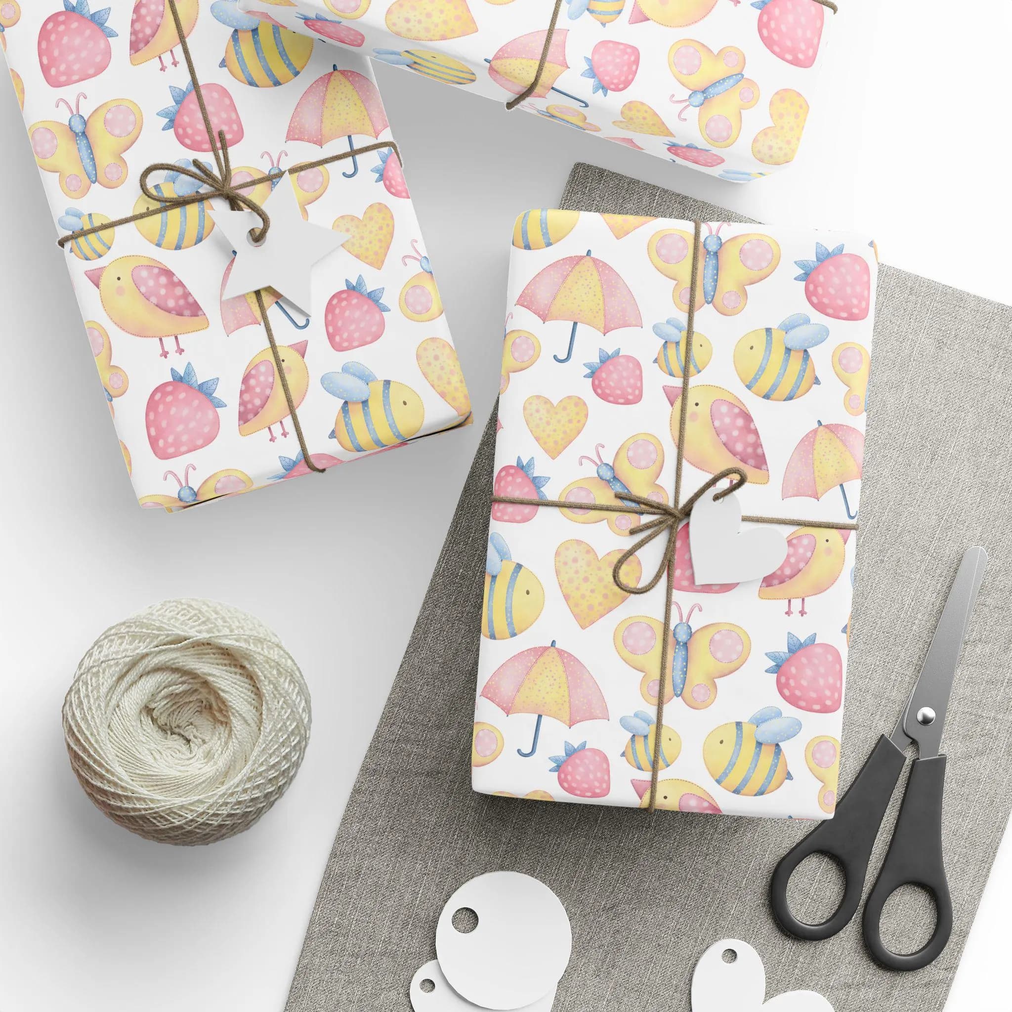 Baby Shower Wrapping Paper Roll, Butterfly, Bee, Strawberry Design