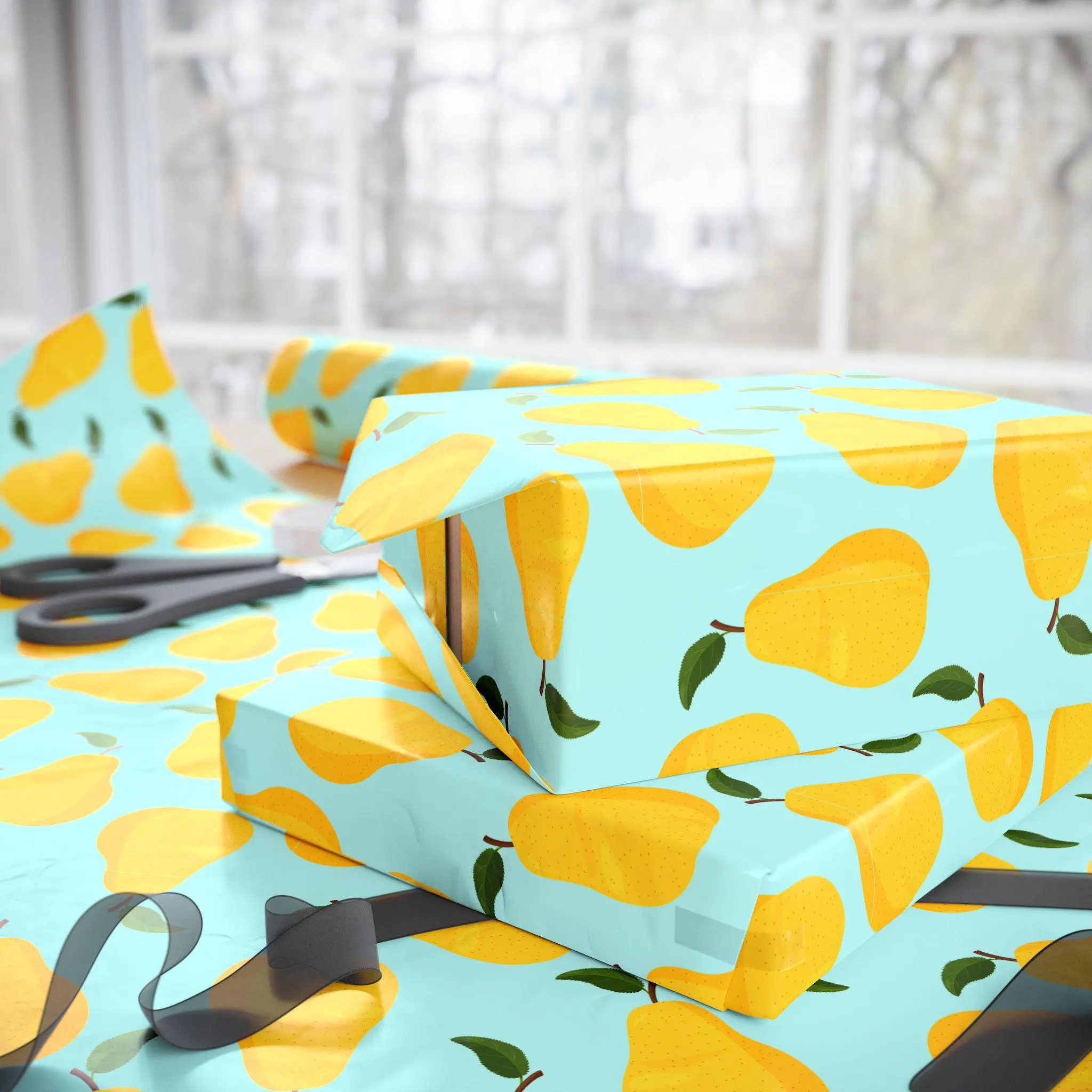 Yellow Pear Pattern Wrapping Paper | Aqua Fruit Gift Wrap, Hand-Drawn Design - image 3
