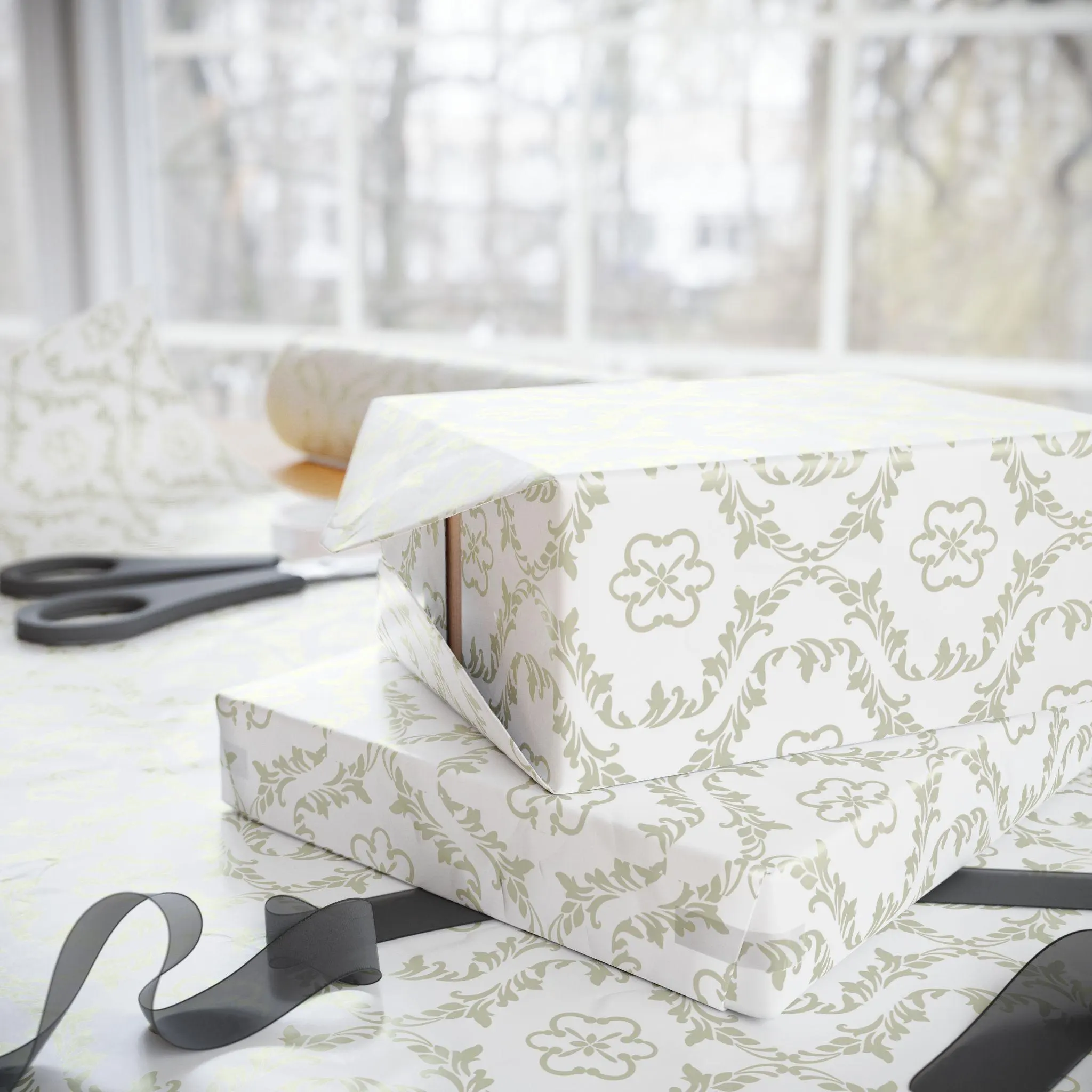 Floral Damask Wedding Wrapping Paper: Ivory Gift Wrap Roll - image 3