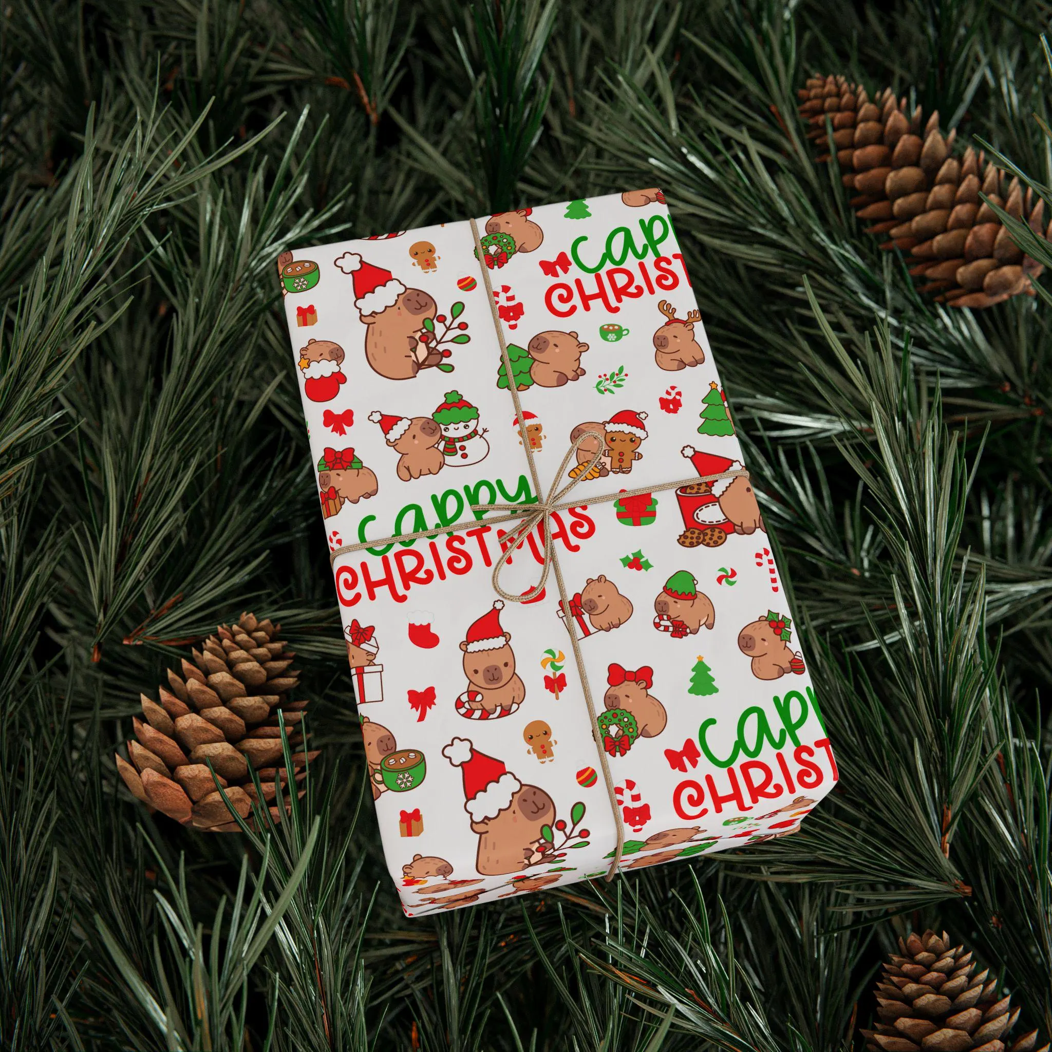 Cute Capybara Christmas Wrapping Paper, Holiday Gift Wrap