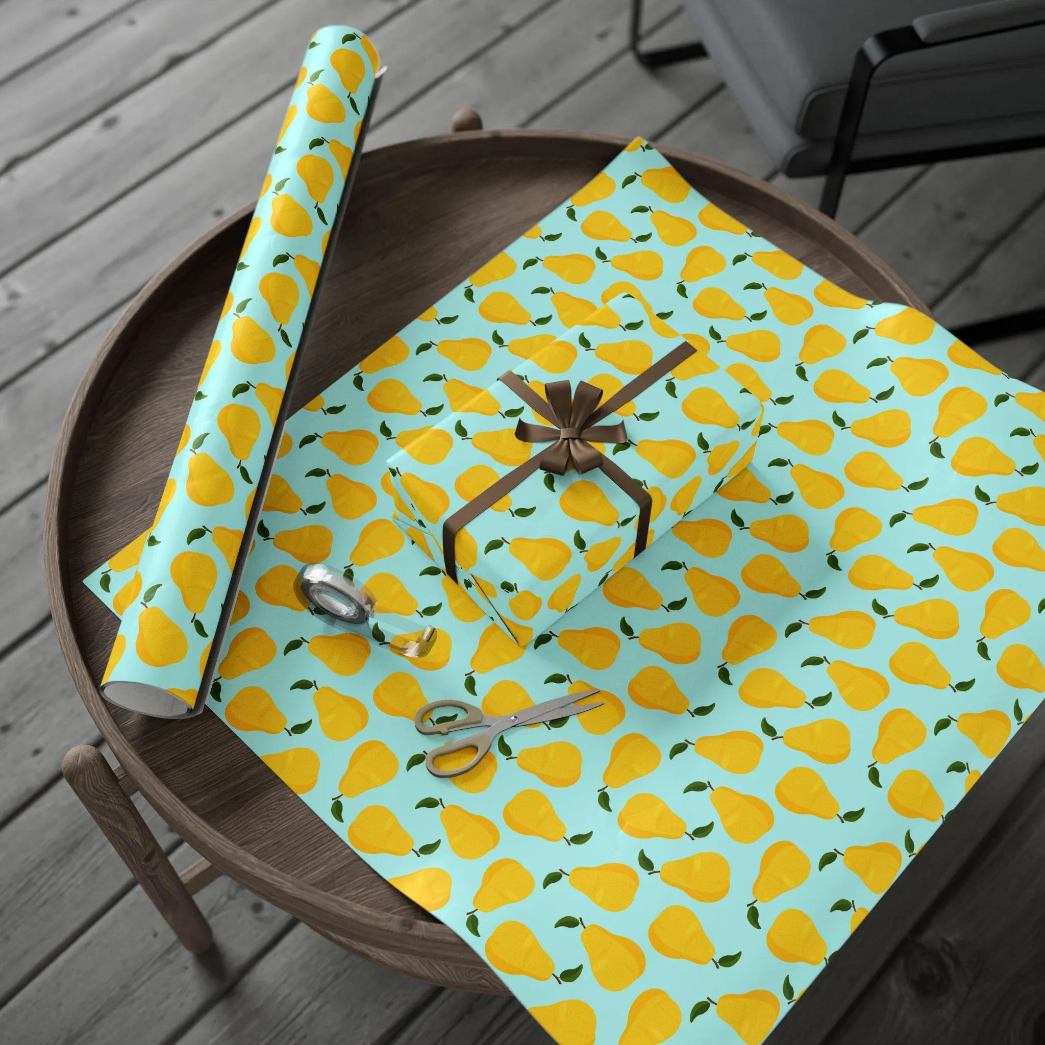 Yellow Pear Pattern Wrapping Paper | Aqua Fruit Gift Wrap, Hand-Drawn Design - image 5