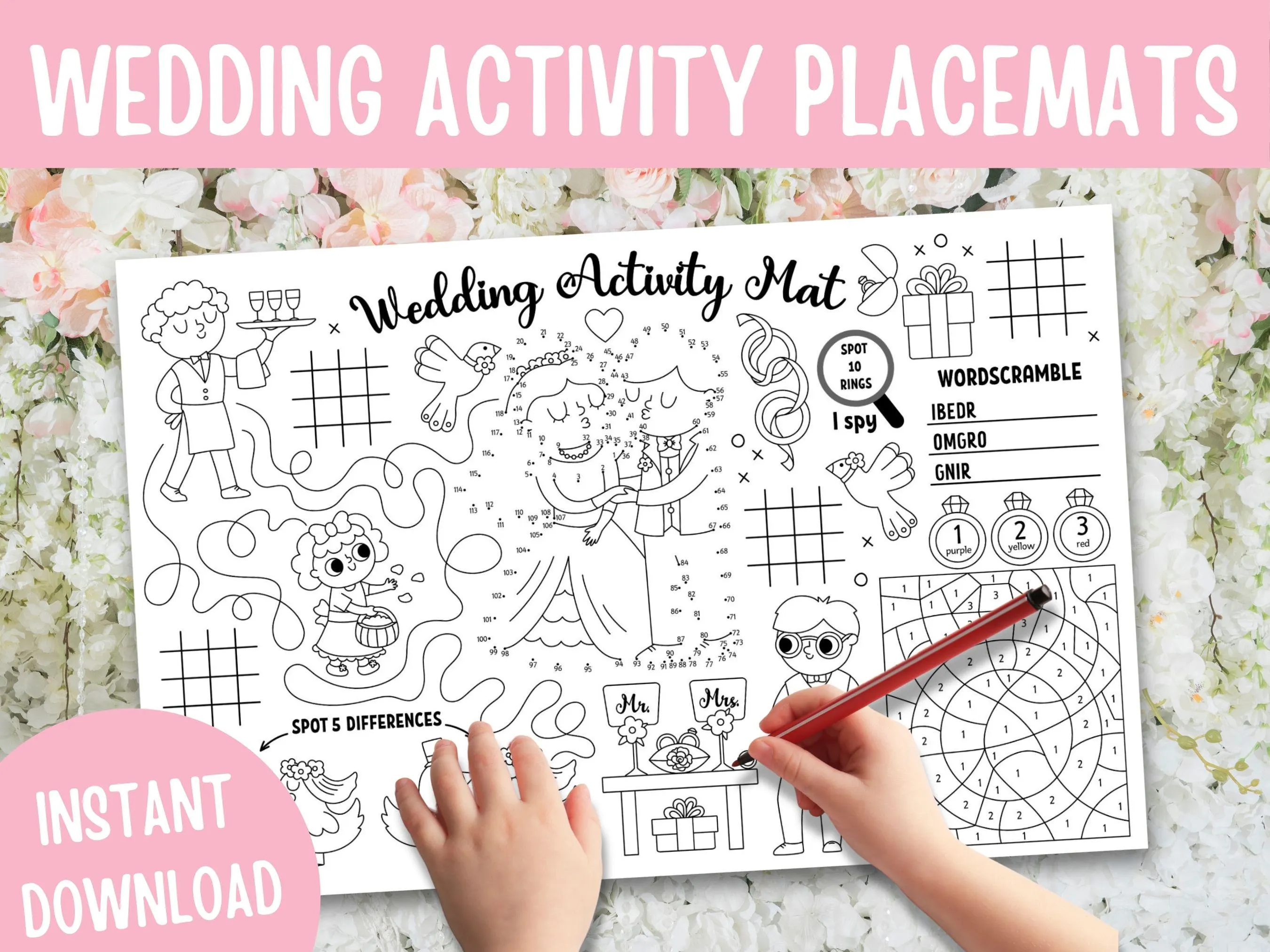 Wedding Activity Placemat for Kids, Coloring Page (Digital Download)