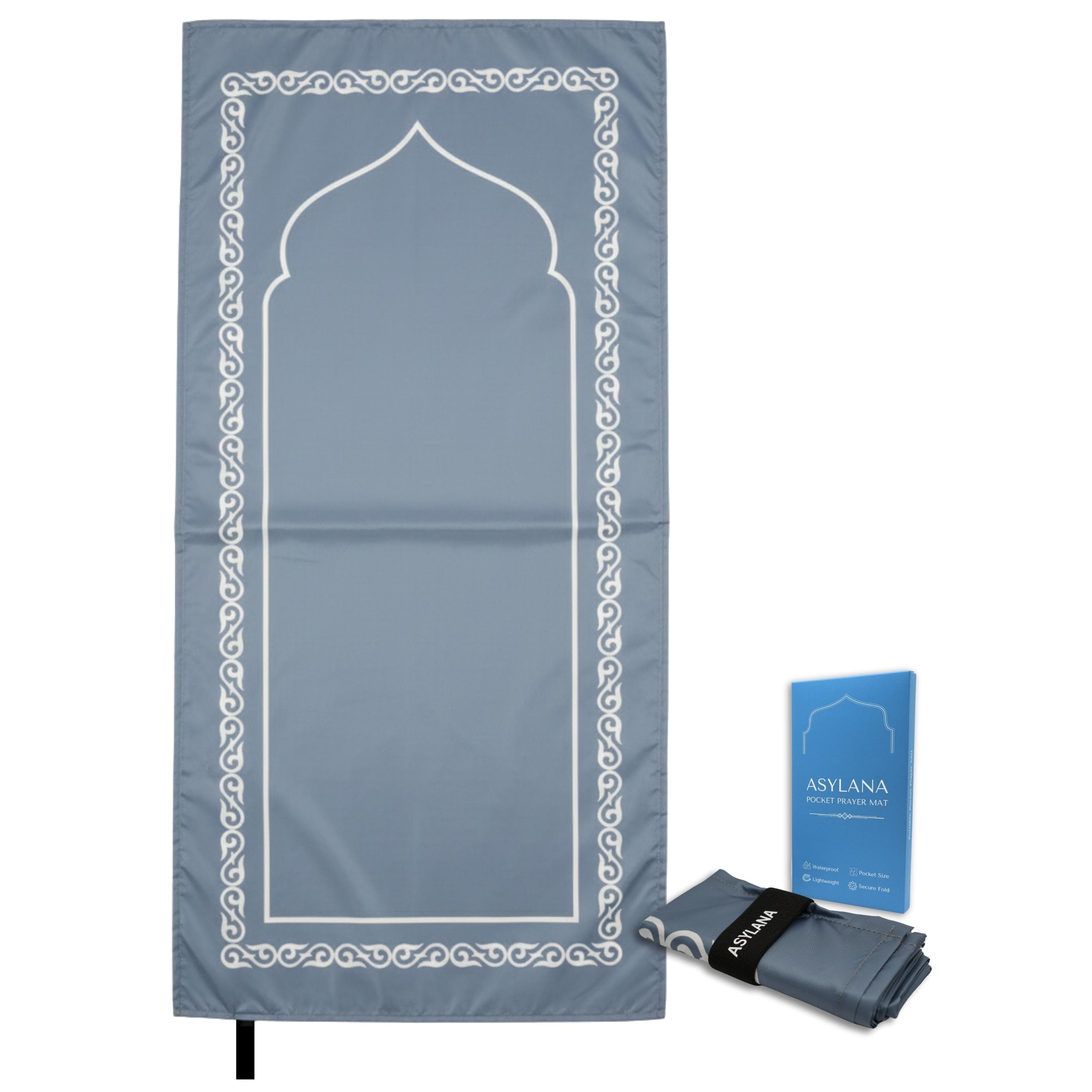 Gray ASYLANA Muslim Pocket Prayer Mat | Portable Waterproof & Lightweight Thin Travel Sajjadah | Compact Small Seccade Musalla Elastic Band