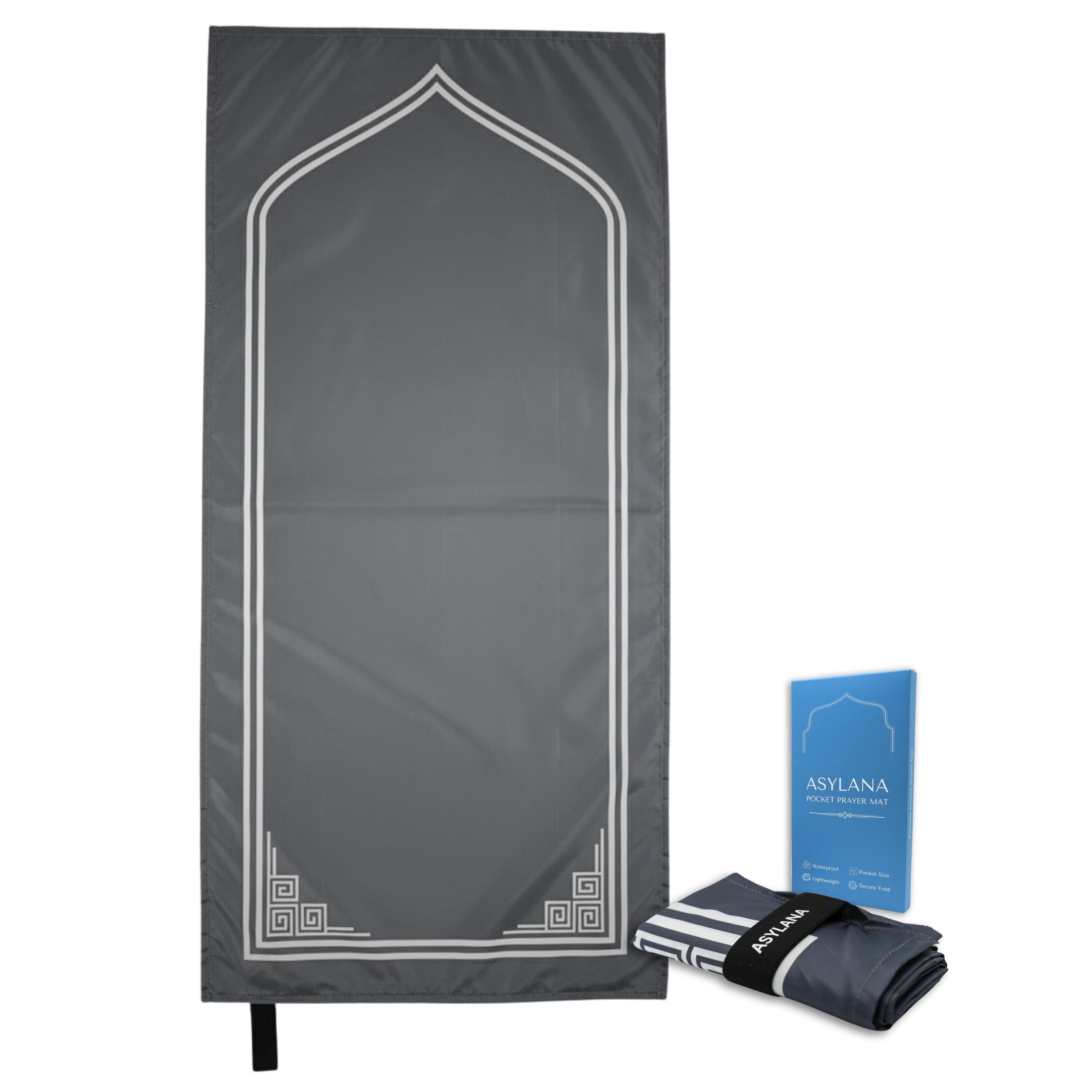 Charcoal Islamic Pocket Prayer Mat | Portable Waterproof & Lightweight Thin Travel Sujjadah | Compact Small Seccade Musalla w/ Elastic Band